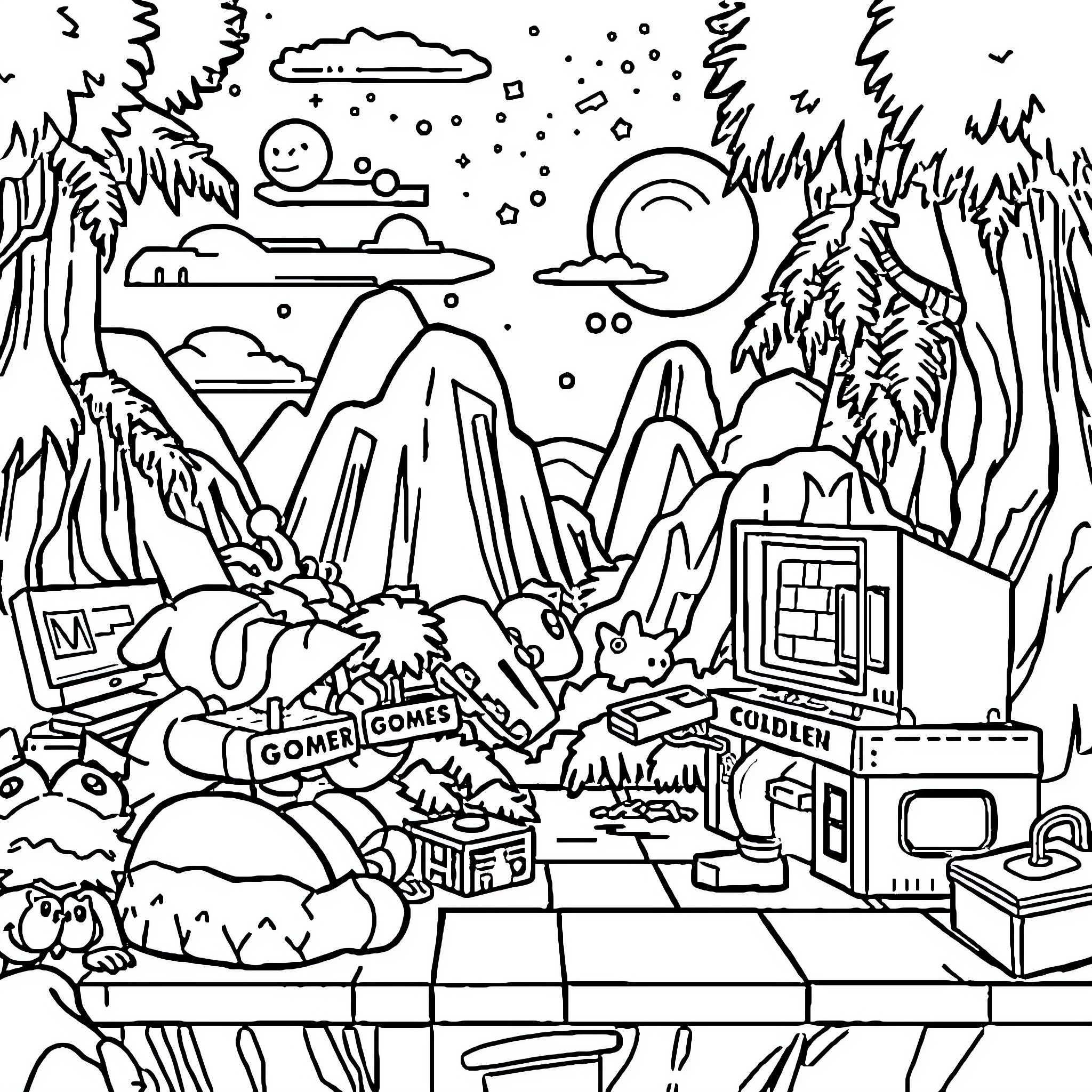 90s Game Console Nostalgia in the Forest Coloring Page (free black-and-white line drawing printable PDF for all, from beginners to advanced learners, including children, teens, adults, and seniors)