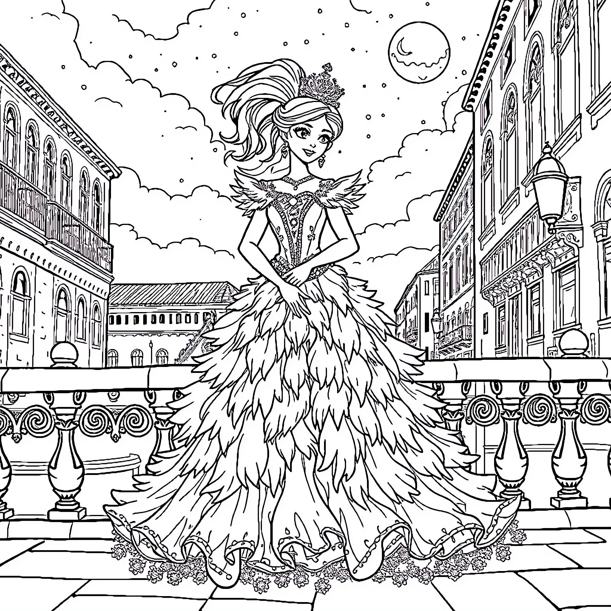 Princess in a Lavish Feathered Gown Amid a Starry Night Coloring Page (free black-and-white line drawing printable PDF for all, from beginners to advanced learners, including children, teens, adults, and seniors)