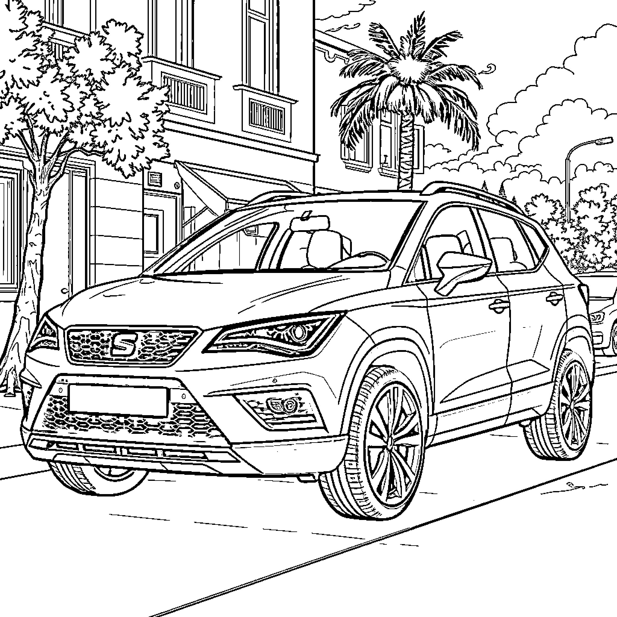 Seat Ateca driving through a scenic city street Coloring Page (free black-and-white line drawing printable PDF for all, from beginners to advanced learners, including children, teens, adults, and seniors)