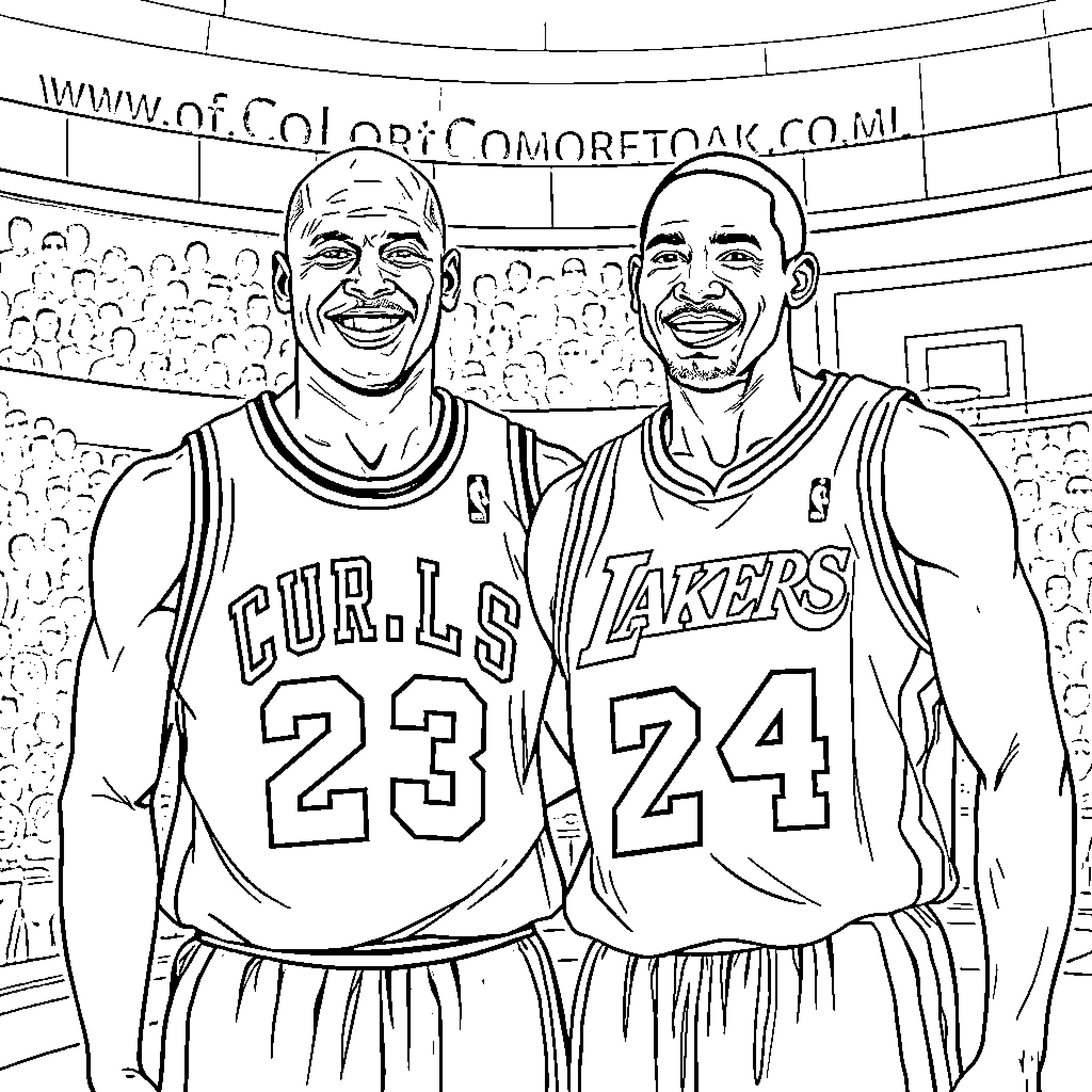 Michael Jordan and LeBron James on the Basketball Court Coloring Page (free black-and-white line drawing printable PDF for all, from beginners to advanced learners, including children, teens, adults, and seniors)