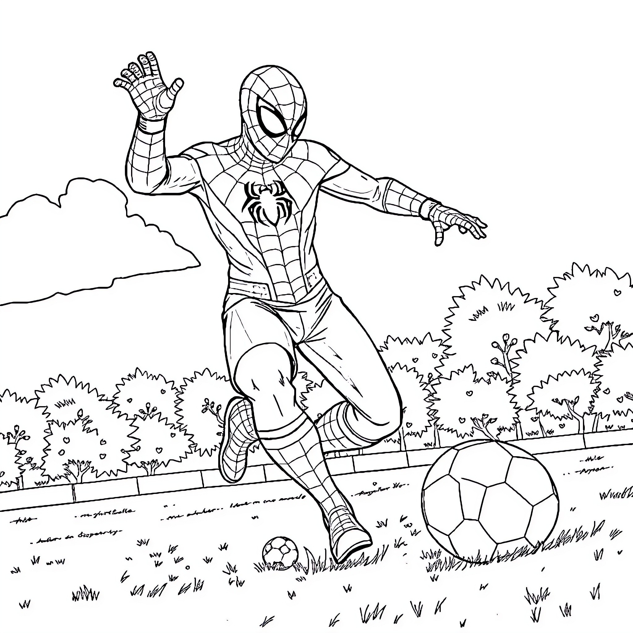 Spiderman playing soccer in the park Coloring Page (free black-and-white line drawing printable PDF for all, from beginners to advanced learners, including children, teens, adults, and seniors)