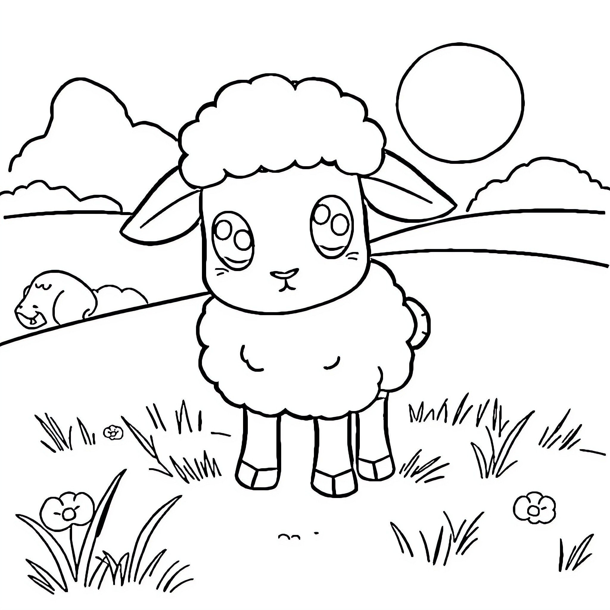 Sheep enjoying a sunny day in the meadow Coloring Page (free black-and-white line drawing printable PDF for all, from beginners to advanced learners, including children, teens, adults, and seniors)