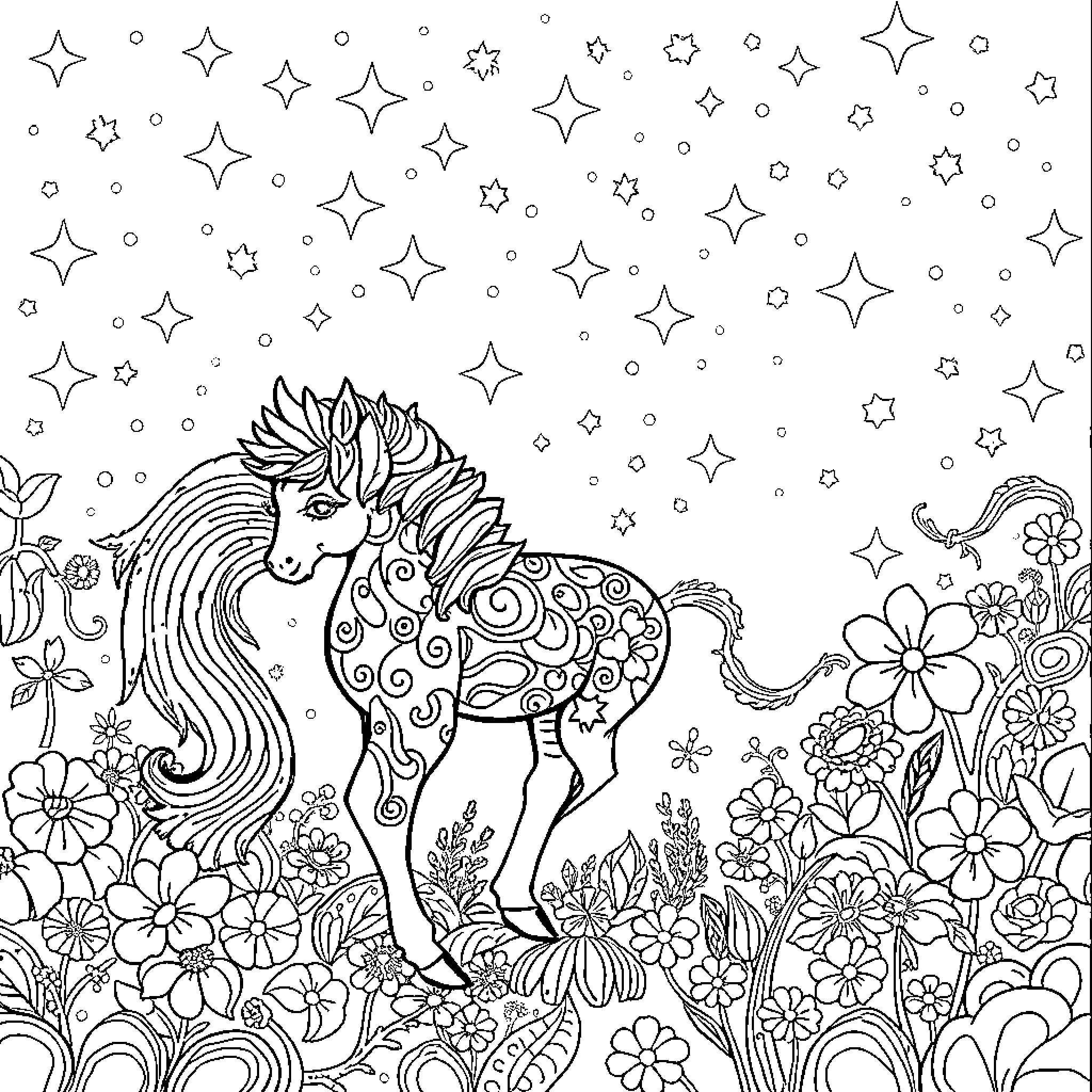 Cotorra's Enchanted Forest of Stars Coloring Page (free black-and-white line drawing printable PDF for all, from beginners to advanced learners, including children, teens, adults, and seniors)