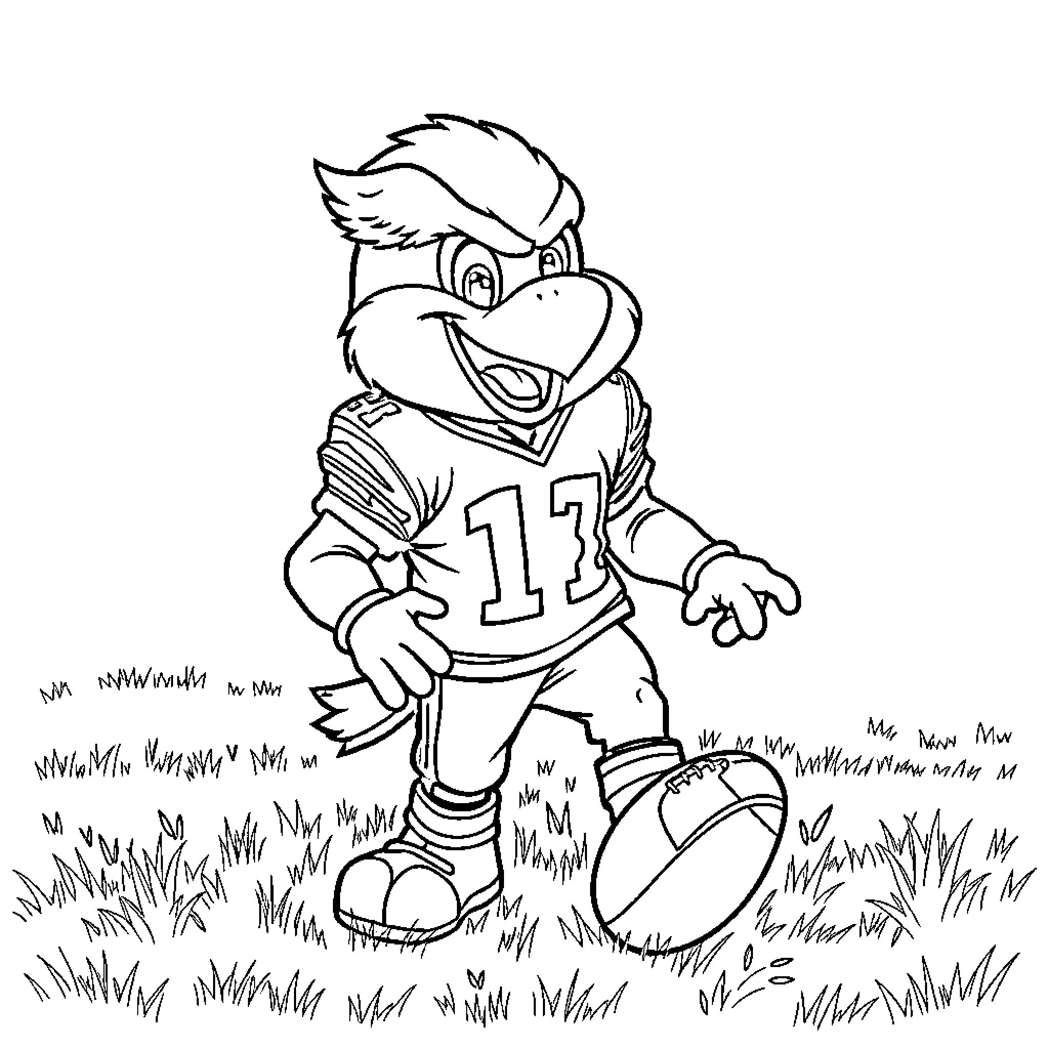Eagle footballer running with ball on field Coloring Page (free black-and-white line drawing printable PDF for all, from beginners to advanced learners, including children, teens, adults, and seniors)
