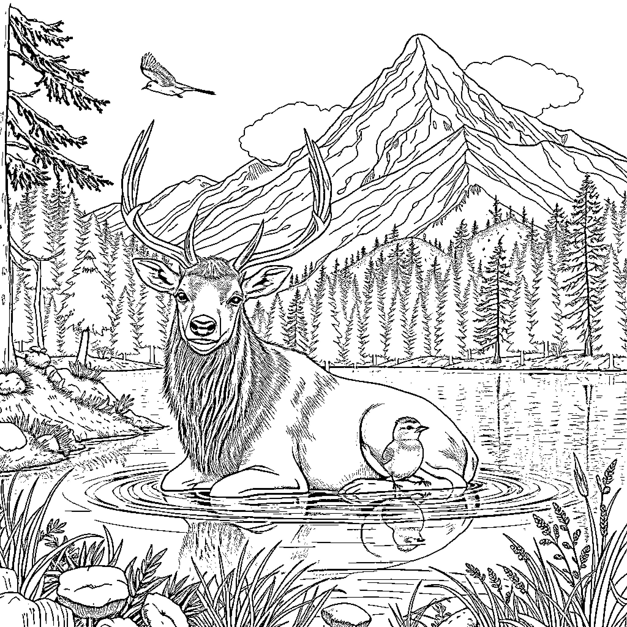 Deer relaxing by the lake in the mountainous wilderness Coloring Page (free black-and-white line drawing printable PDF for all, from beginners to advanced learners, including children, teens, adults, and seniors)