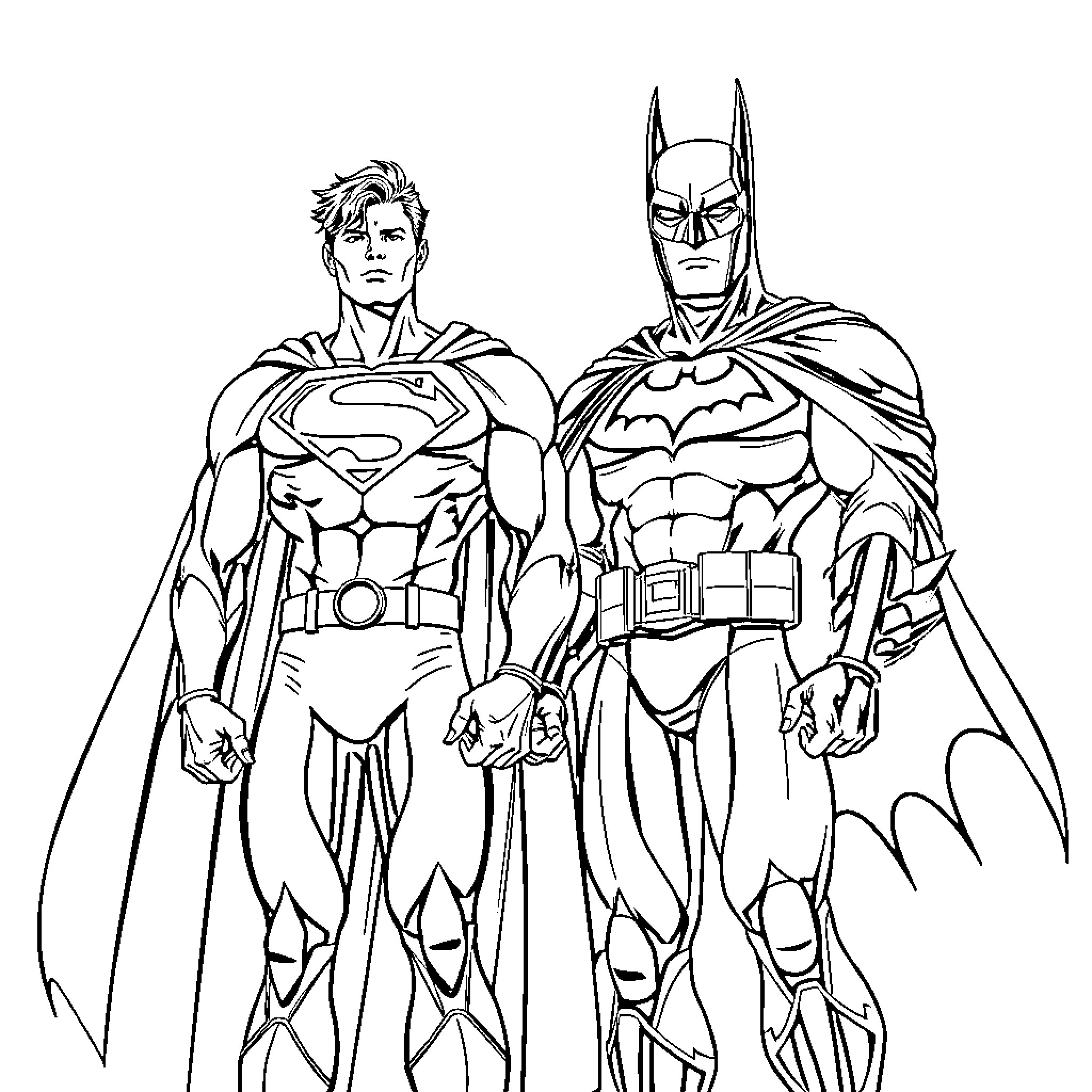 Superman and Batman in heroic poses Coloring Page (free black-and-white line drawing printable PDF for all, from beginners to advanced learners, including children, teens, adults, and seniors)
