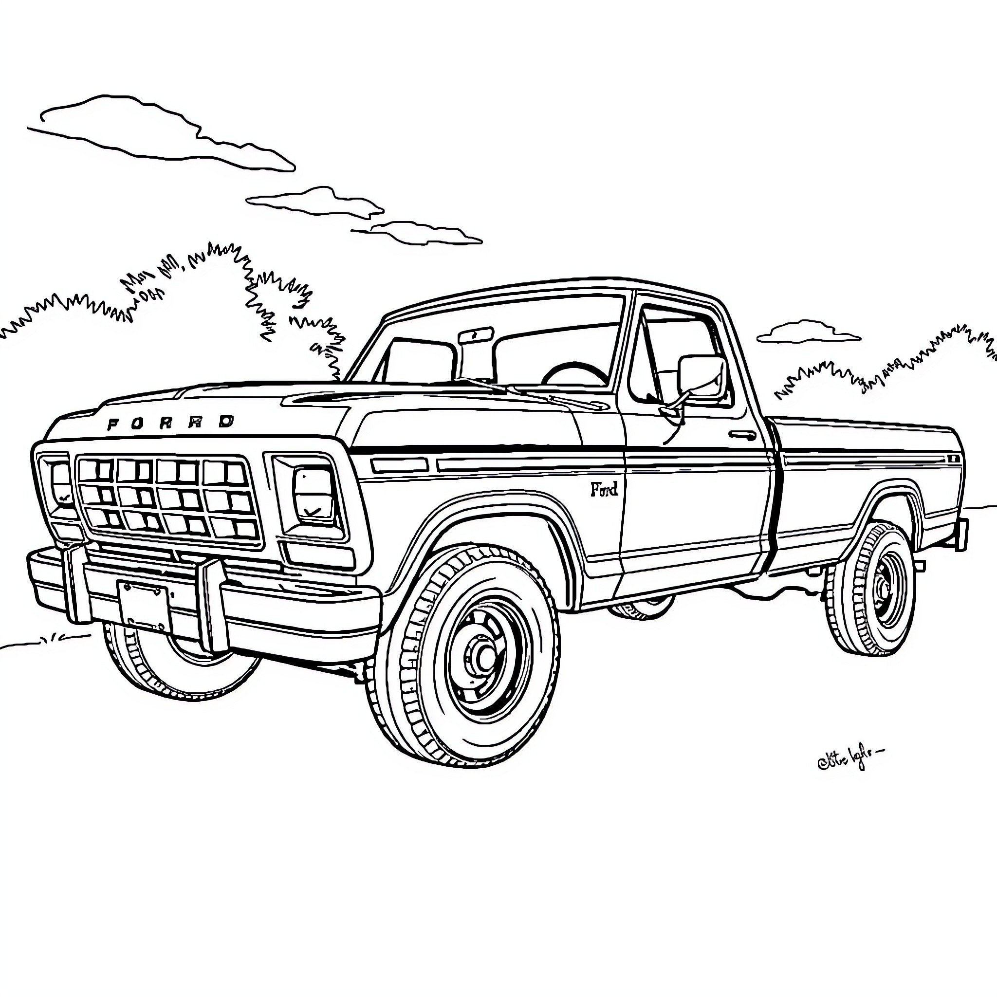 Ford F250 truck in rustic outdoor setting Coloring Page (free black-and-white line drawing printable PDF for all, from beginners to advanced learners, including children, teens, adults, and seniors)