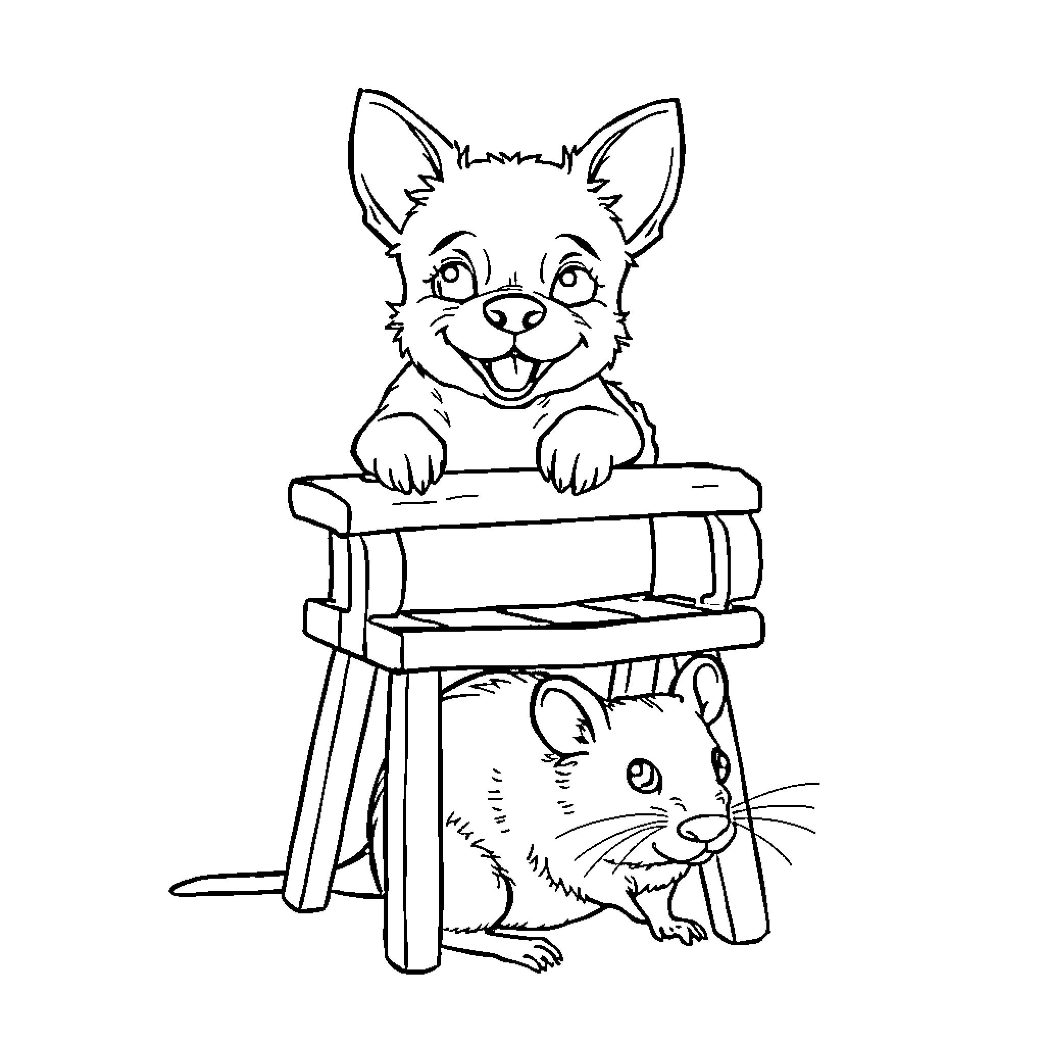 Perro and Rodent Playing on Bench Coloring Page (free black-and-white line drawing printable PDF for all, from beginners to advanced learners, including children, teens, adults, and seniors)