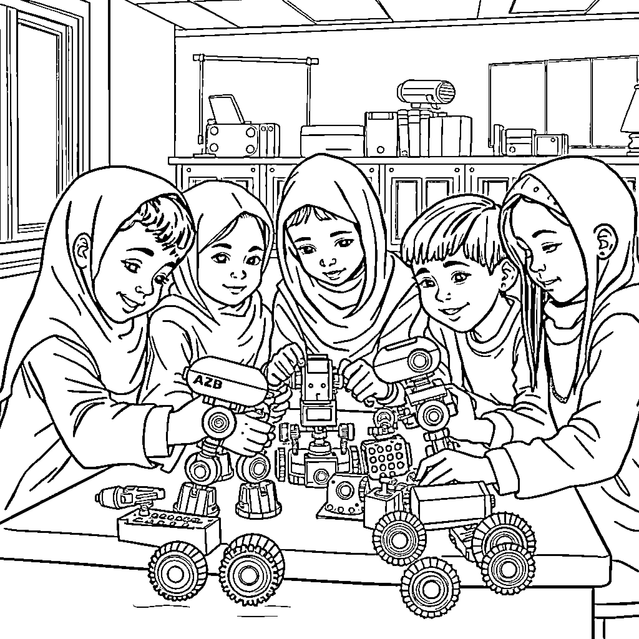 Child Friends Building Robot Toy in Classroom Coloring Page (free black-and-white line drawing printable PDF for all, from beginners to advanced learners, including children, teens, adults, and seniors)