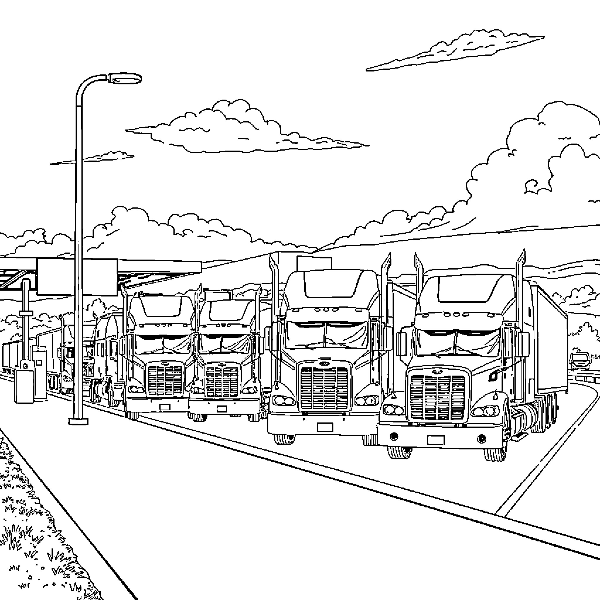 Truck Stop with Parked Semis and Cloudy Skies Coloring Page (free black-and-white line drawing printable PDF for all, from beginners to advanced learners, including children, teens, adults, and seniors)