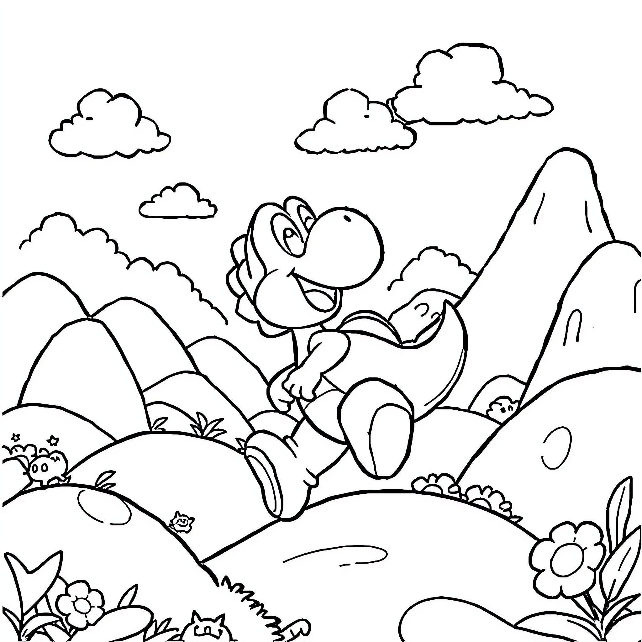 Yoshi exploring the vibrant mountain landscape Coloring Page (free black-and-white line drawing printable PDF for all, from beginners to advanced learners, including children, teens, adults, and seniors)