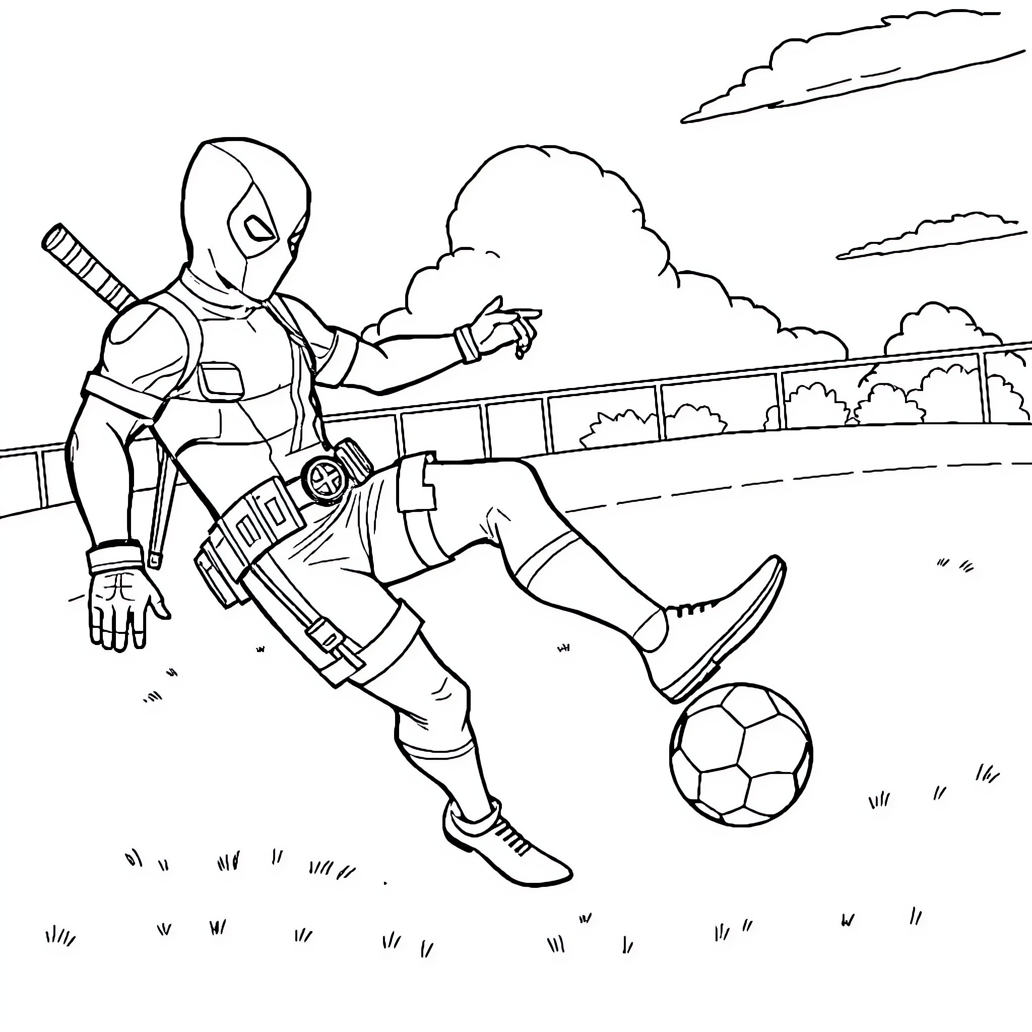 Deadpool Kicks a Soccer Ball on the Playground Coloring Page (free black-and-white line drawing printable PDF for all, from beginners to advanced learners, including children, teens, adults, and seniors)