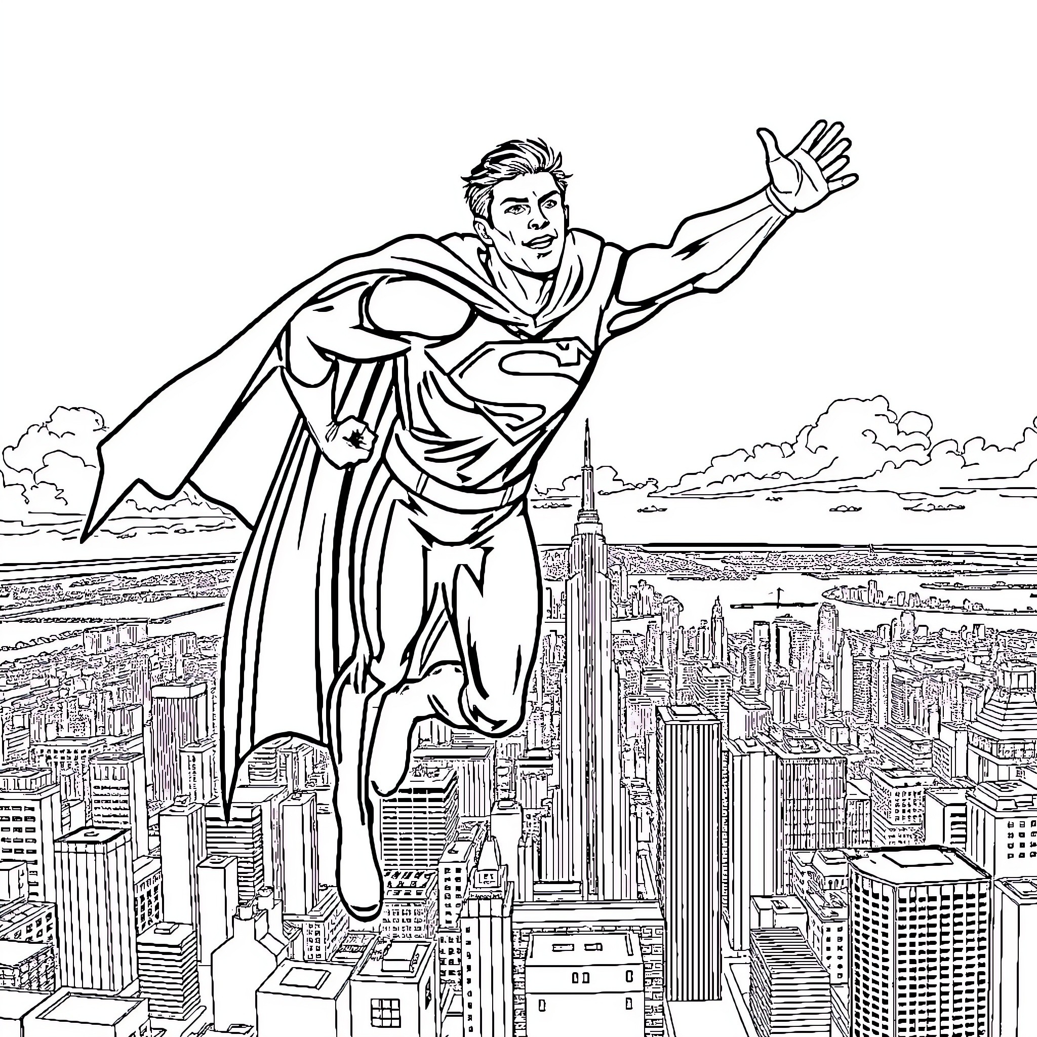 Josh Allen soaring above the city in heroic pose Coloring Page (free black-and-white line drawing printable PDF for all, from beginners to advanced learners, including children, teens, adults, and seniors)