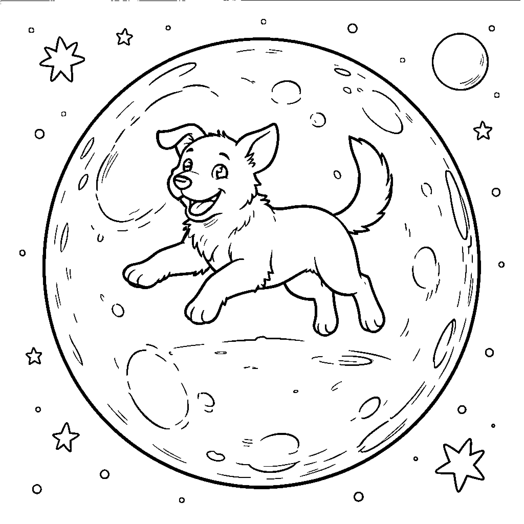 Perro exploring the lunar landscape Coloring Page (free black-and-white line drawing printable PDF for all, from beginners to advanced learners, including children, teens, adults, and seniors)