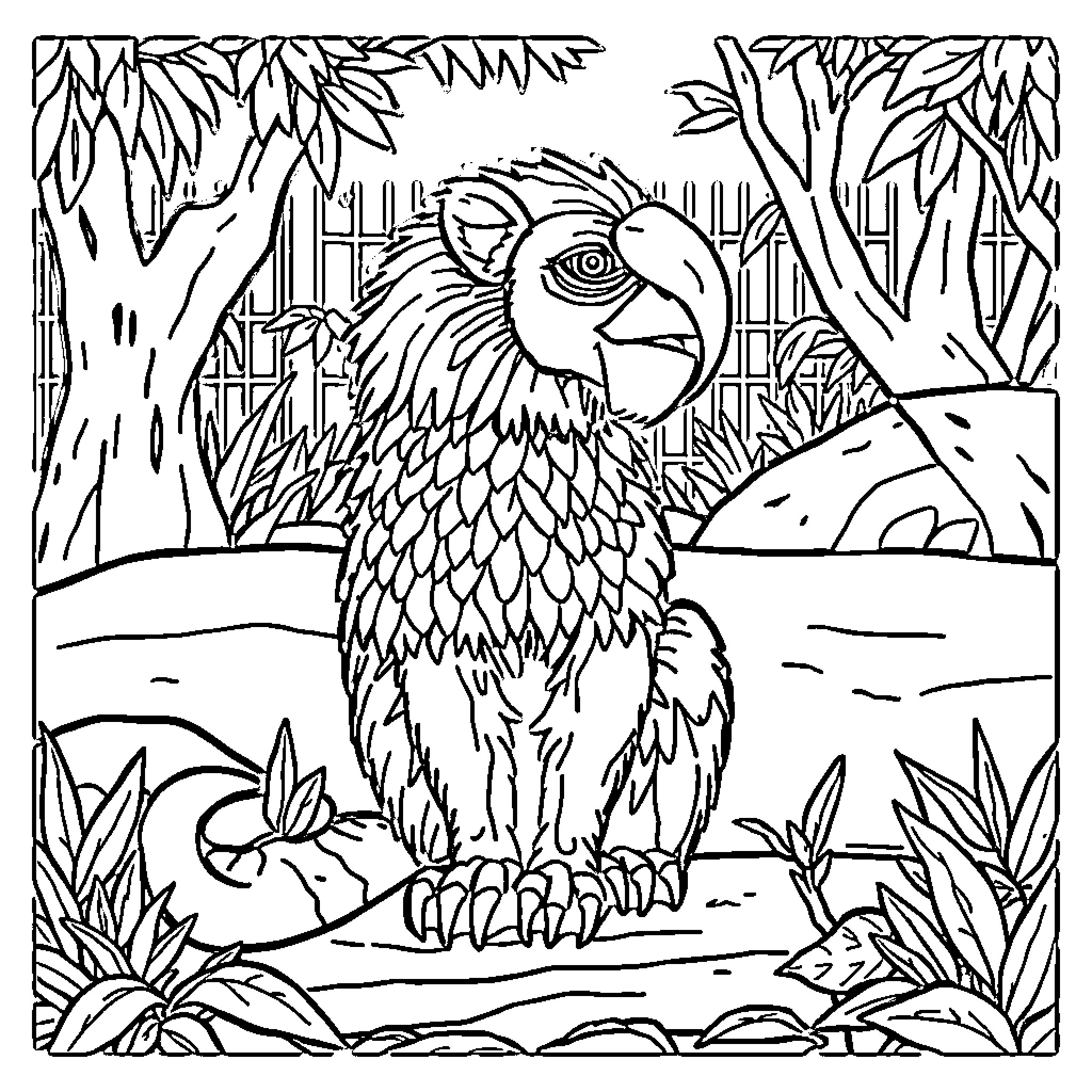 Animal in the jungle landscape Coloring Page (free black-and-white line drawing printable PDF for all, from beginners to advanced learners, including children, teens, adults, and seniors)
