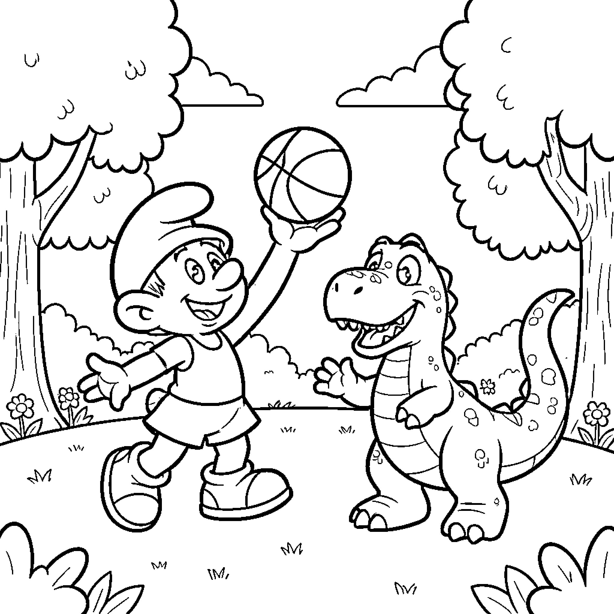 Smurfette playing joyfully with a dinosaur in the woods Coloring Page (free black-and-white line drawing printable PDF for all, from beginners to advanced learners, including children, teens, adults, and seniors)