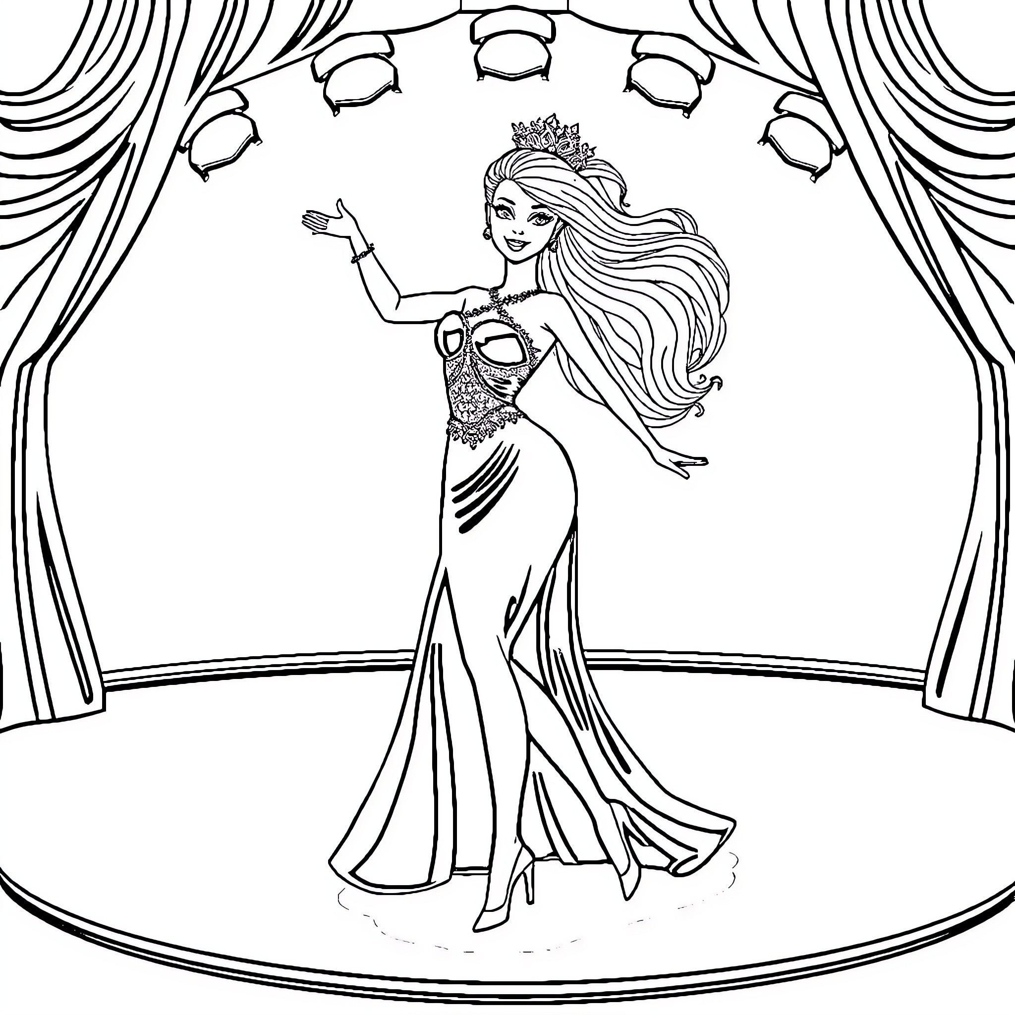 Barbie performing on a stage with curtains Coloring Page (free black-and-white line drawing printable PDF for all, from beginners to advanced learners, including children, teens, adults, and seniors)