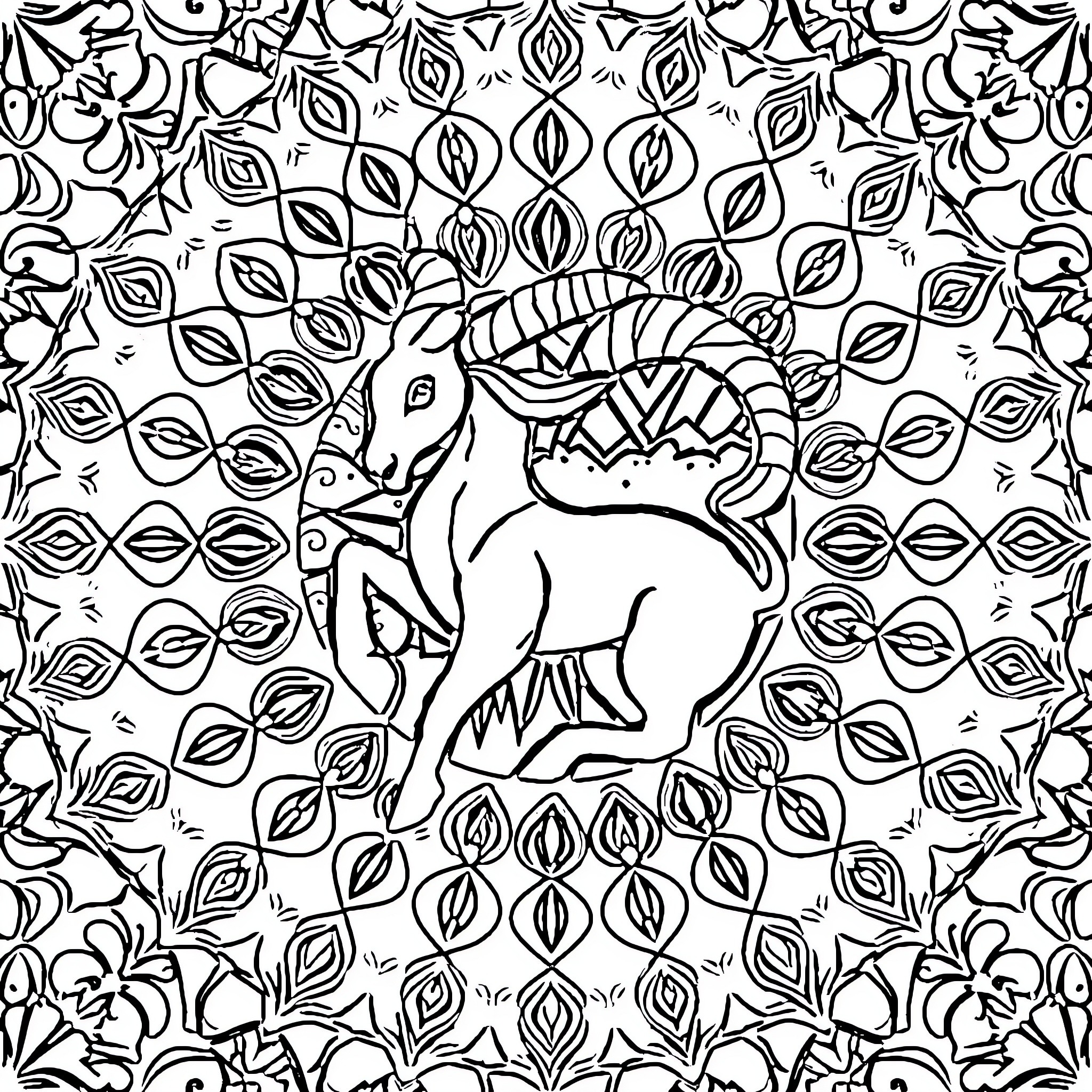 Aries creature in mystical leaf pattern Coloring Page (free black-and-white line drawing printable PDF for all, from beginners to advanced learners, including children, teens, adults, and seniors)