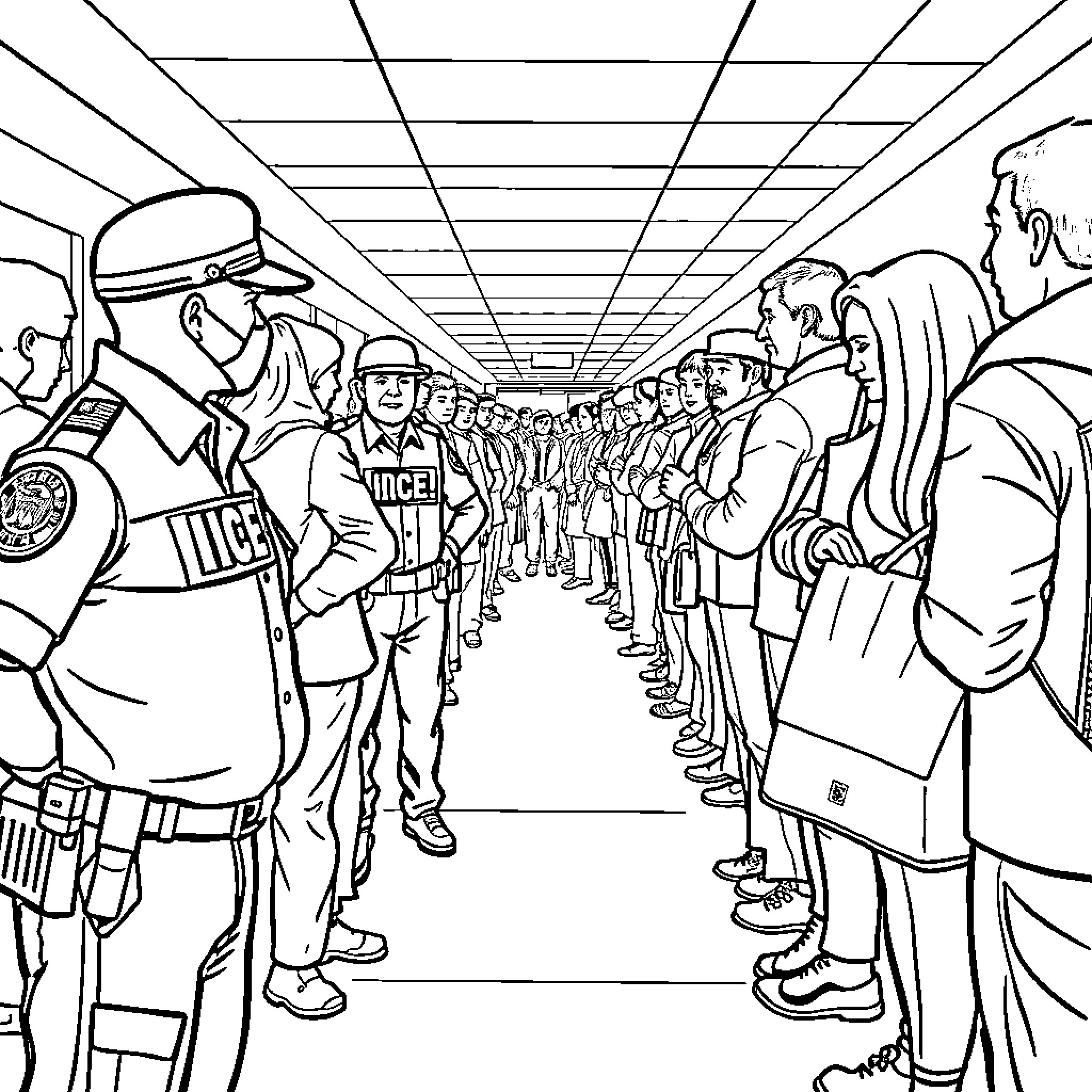 Ice Agent Leading Uniformed Personnel through Corridor Coloring Page (free black-and-white line drawing printable PDF for all, from beginners to advanced learners, including children, teens, adults, and seniors)