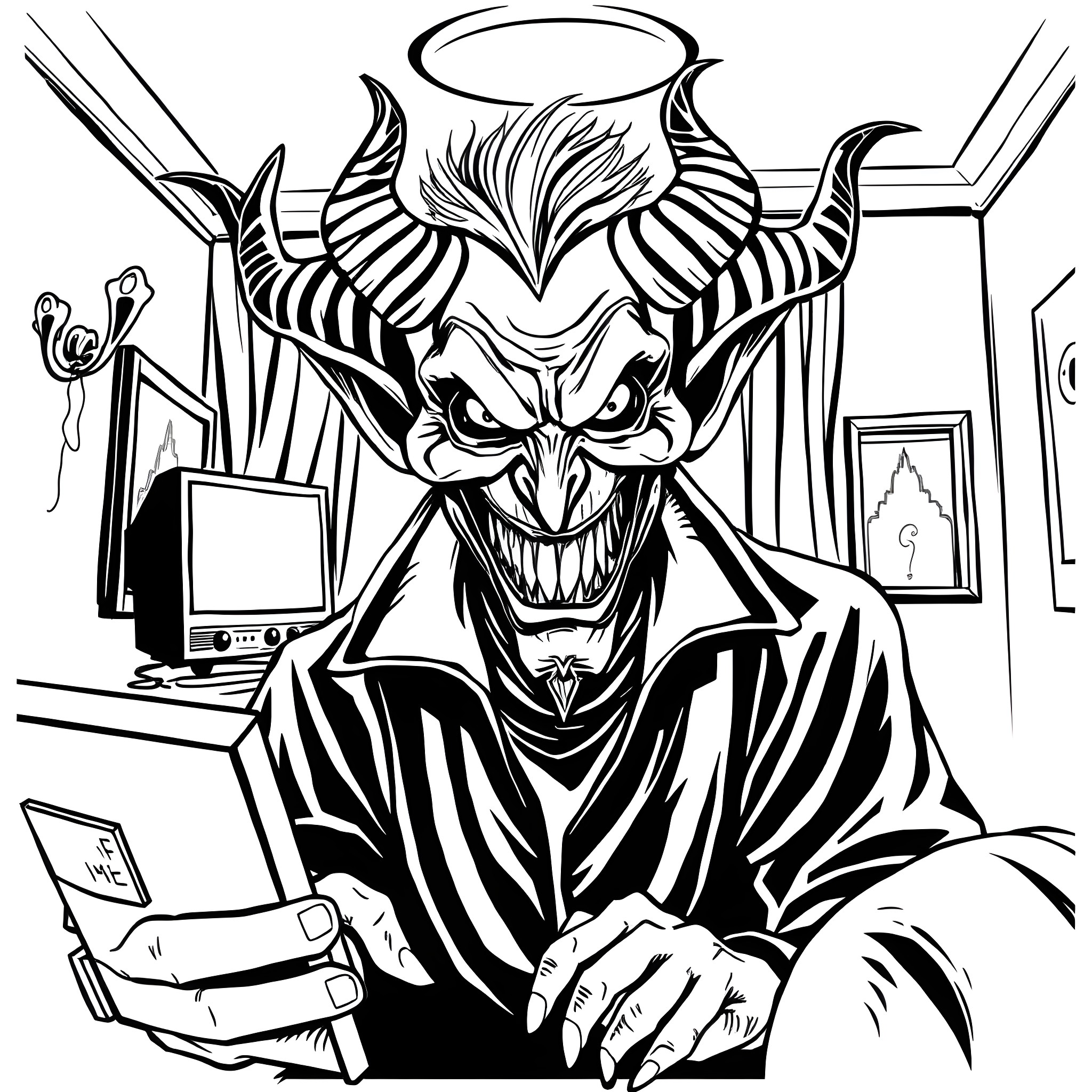 Demon reading a book with a malicious expression Coloring Page (free black-and-white line drawing printable PDF for all, from beginners to advanced learners, including children, teens, adults, and seniors)