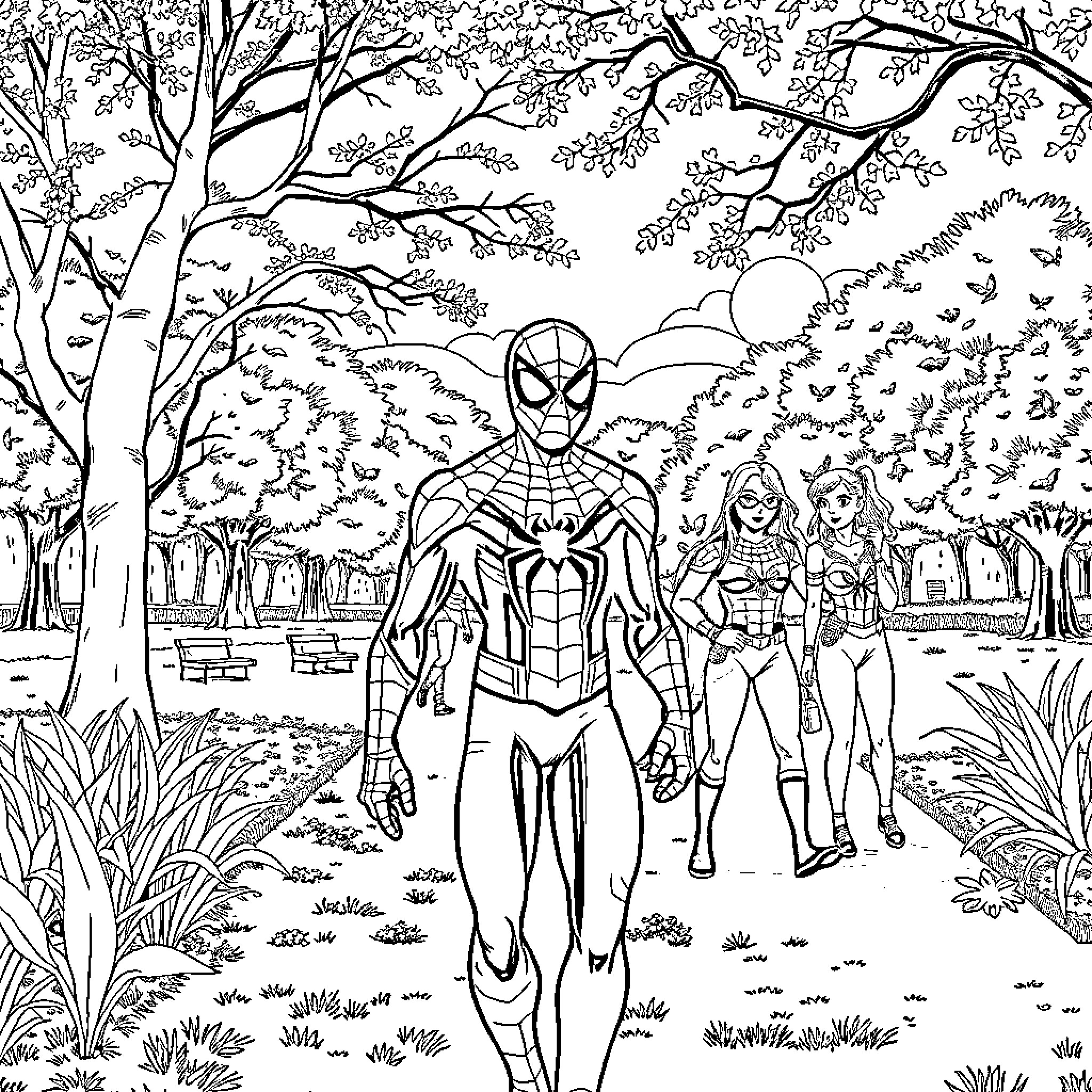 Spiderman and friends exploring the forest Coloring Page (free black-and-white line drawing printable PDF for all, from beginners to advanced learners, including children, teens, adults, and seniors)