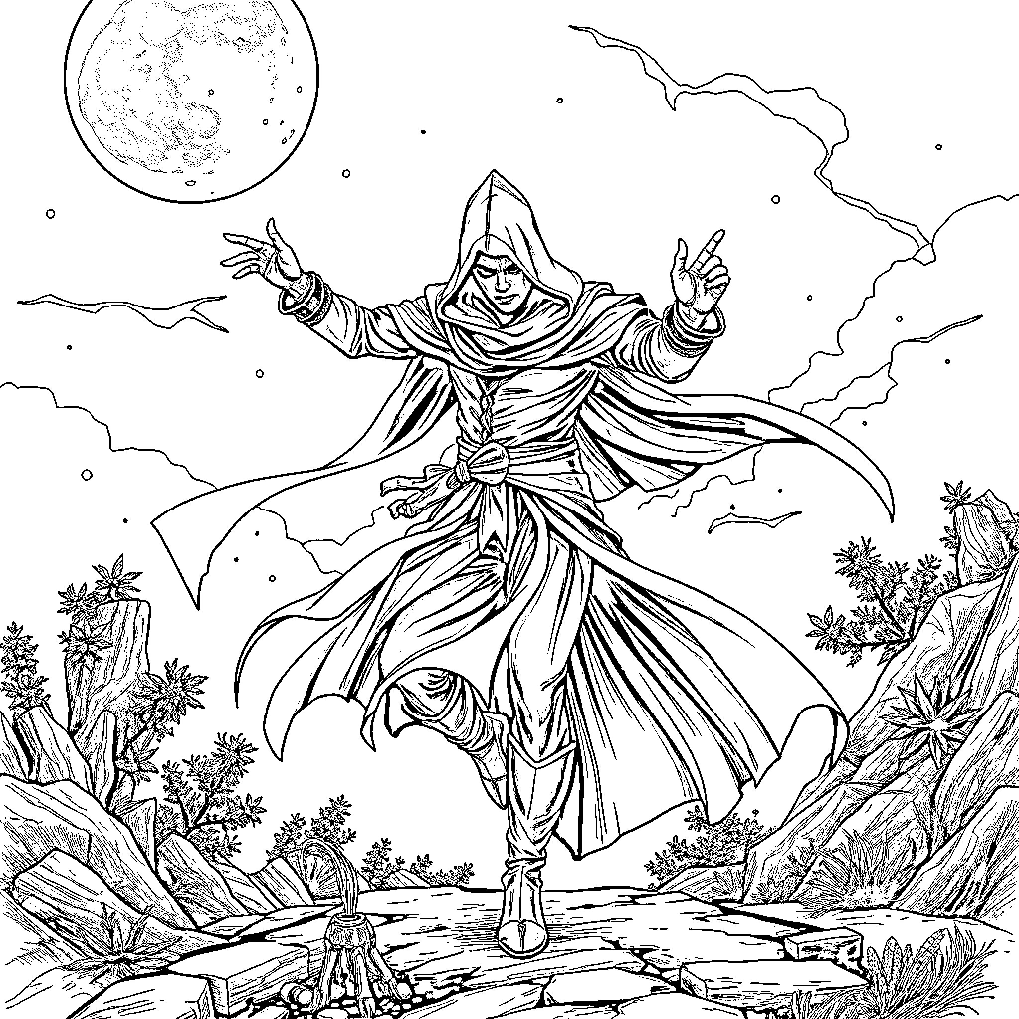 Capuccino Sorcerer's Enchanting Display Coloring Page (free black-and-white line drawing printable PDF for all, from beginners to advanced learners, including children, teens, adults, and seniors)
