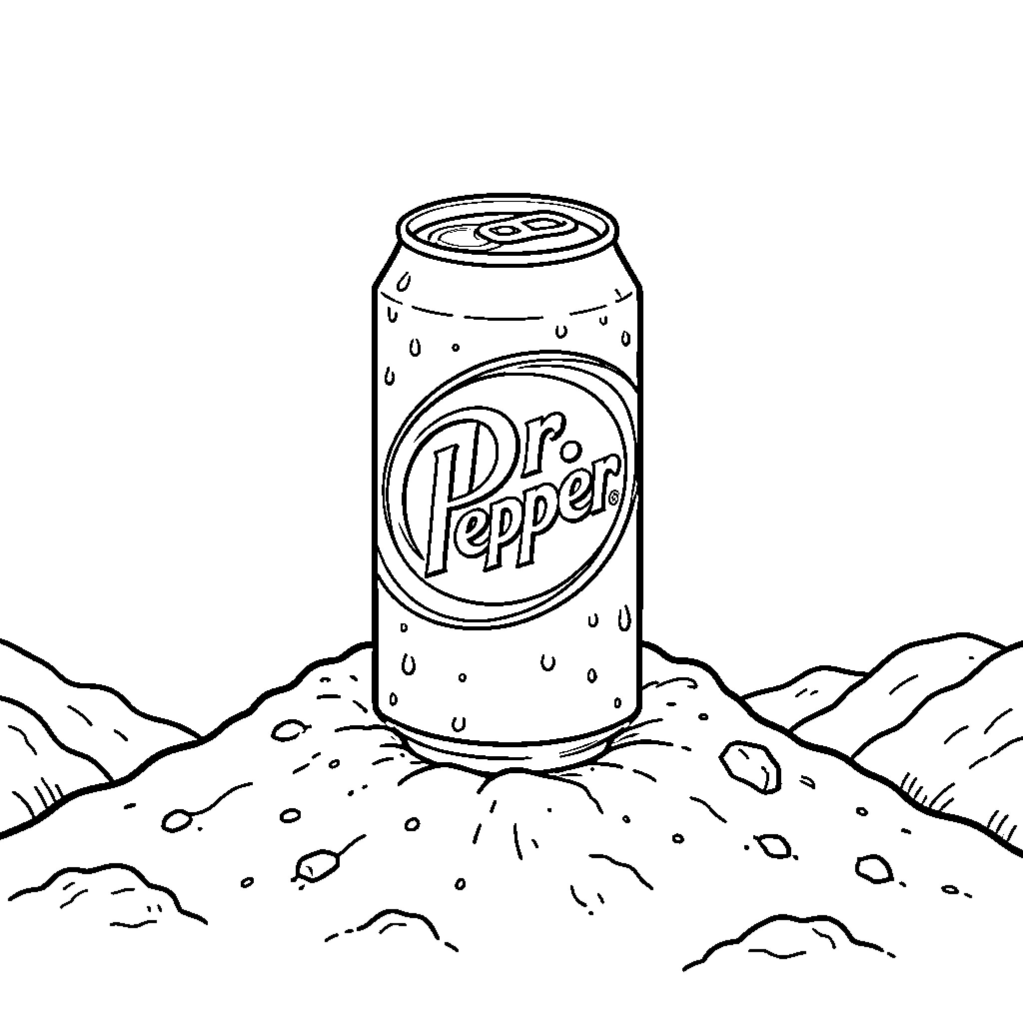 Dr Pepper soda can sitting on a rocky landscape Coloring Page (free black-and-white line drawing printable PDF for all, from beginners to advanced learners, including children, teens, adults, and seniors)