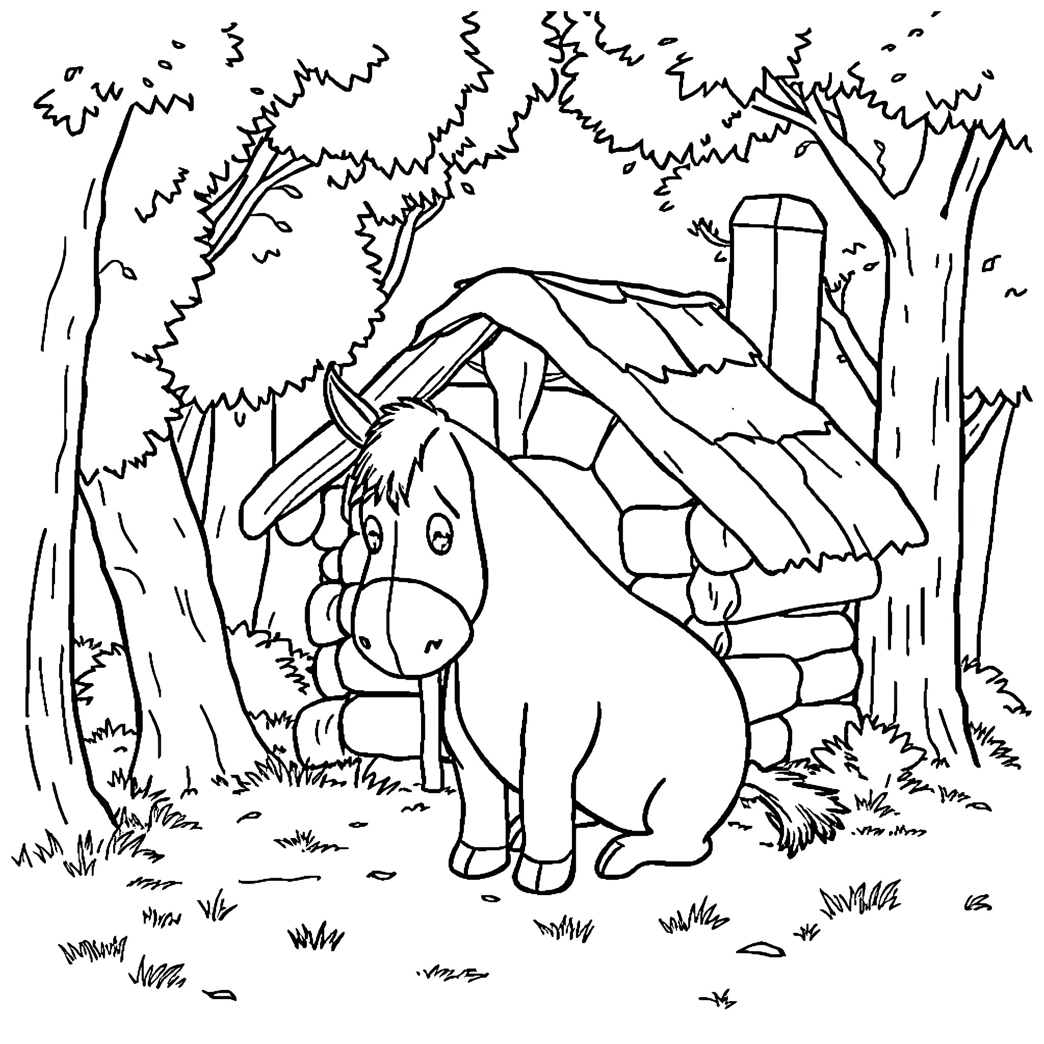 Eeyore seeking shelter in the forest Coloring Page (free black-and-white line drawing printable PDF for all, from beginners to advanced learners, including children, teens, adults, and seniors)