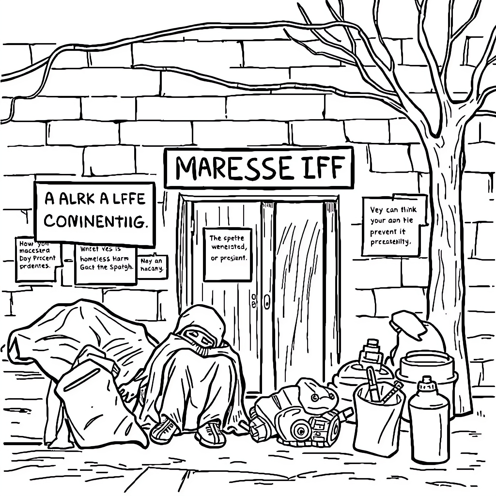 Shelter for the homeless with various signs and items Coloring Page (free black-and-white line drawing printable PDF for all, from beginners to advanced learners, including children, teens, adults, and seniors)
