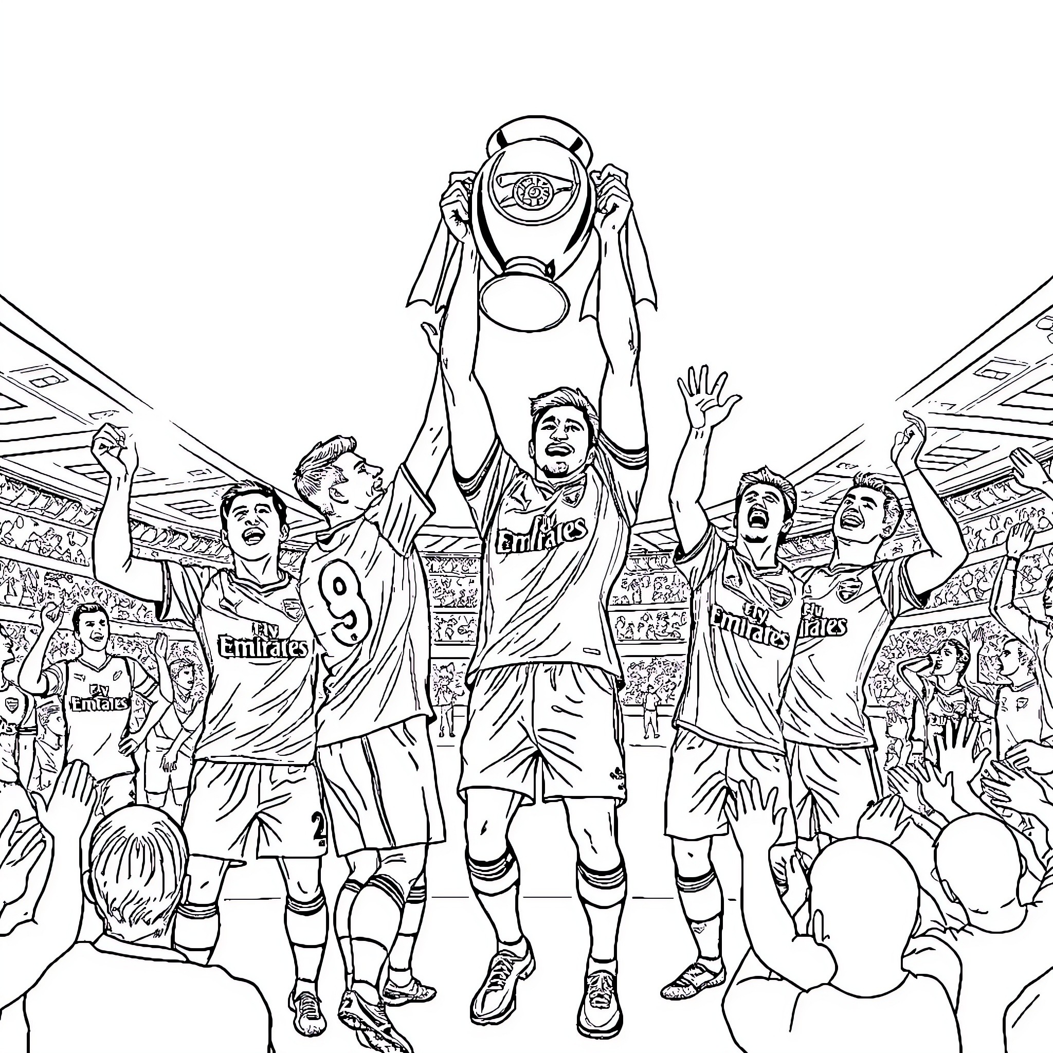 Arsenal players celebrating trophy win together Coloring Page (free black-and-white line drawing printable PDF for all, from beginners to advanced learners, including children, teens, adults, and seniors)