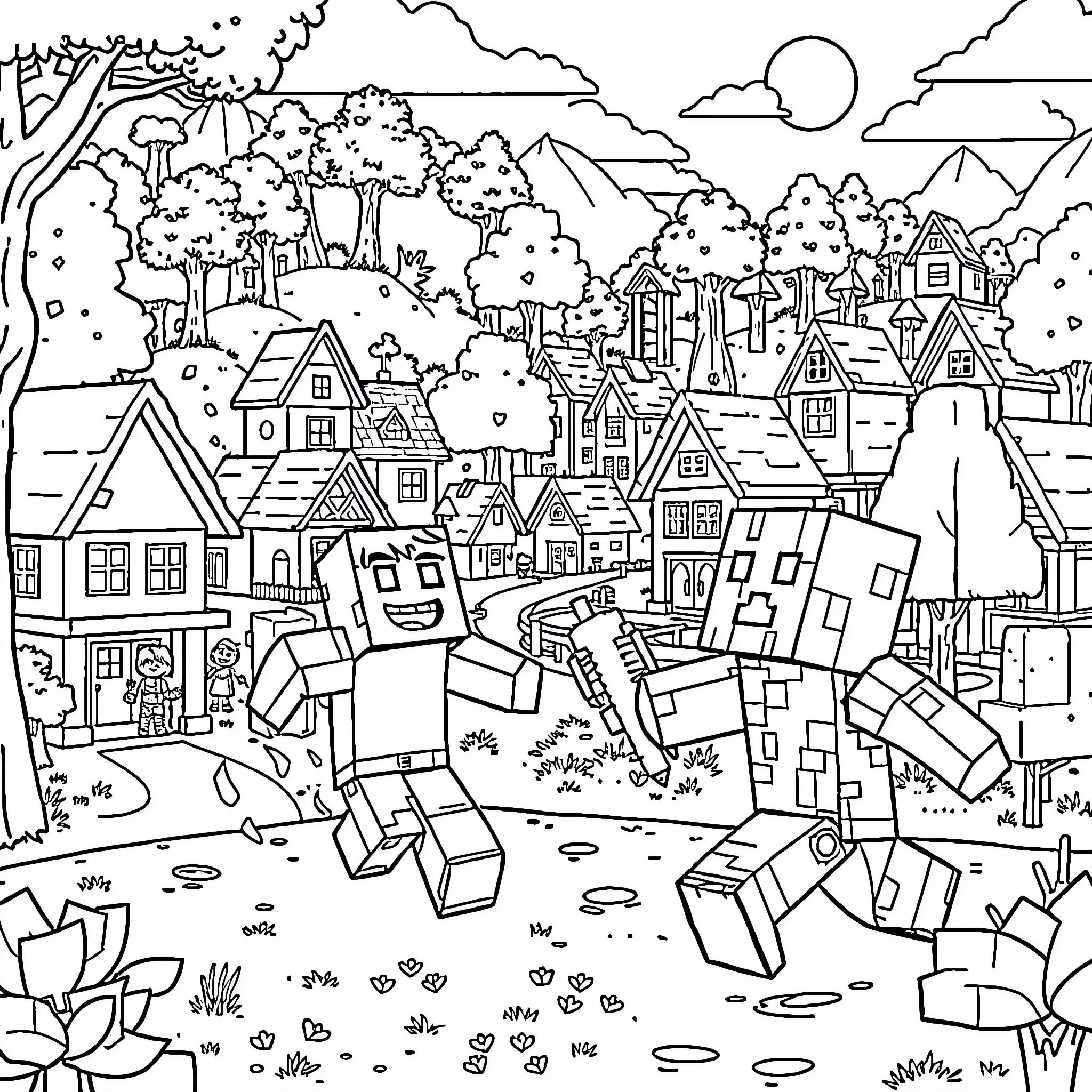 Creeper's Whimsical Adventure in the Charming Village Coloring Page (free black-and-white line drawing printable PDF for all, from beginners to advanced learners, including children, teens, adults, and seniors)
