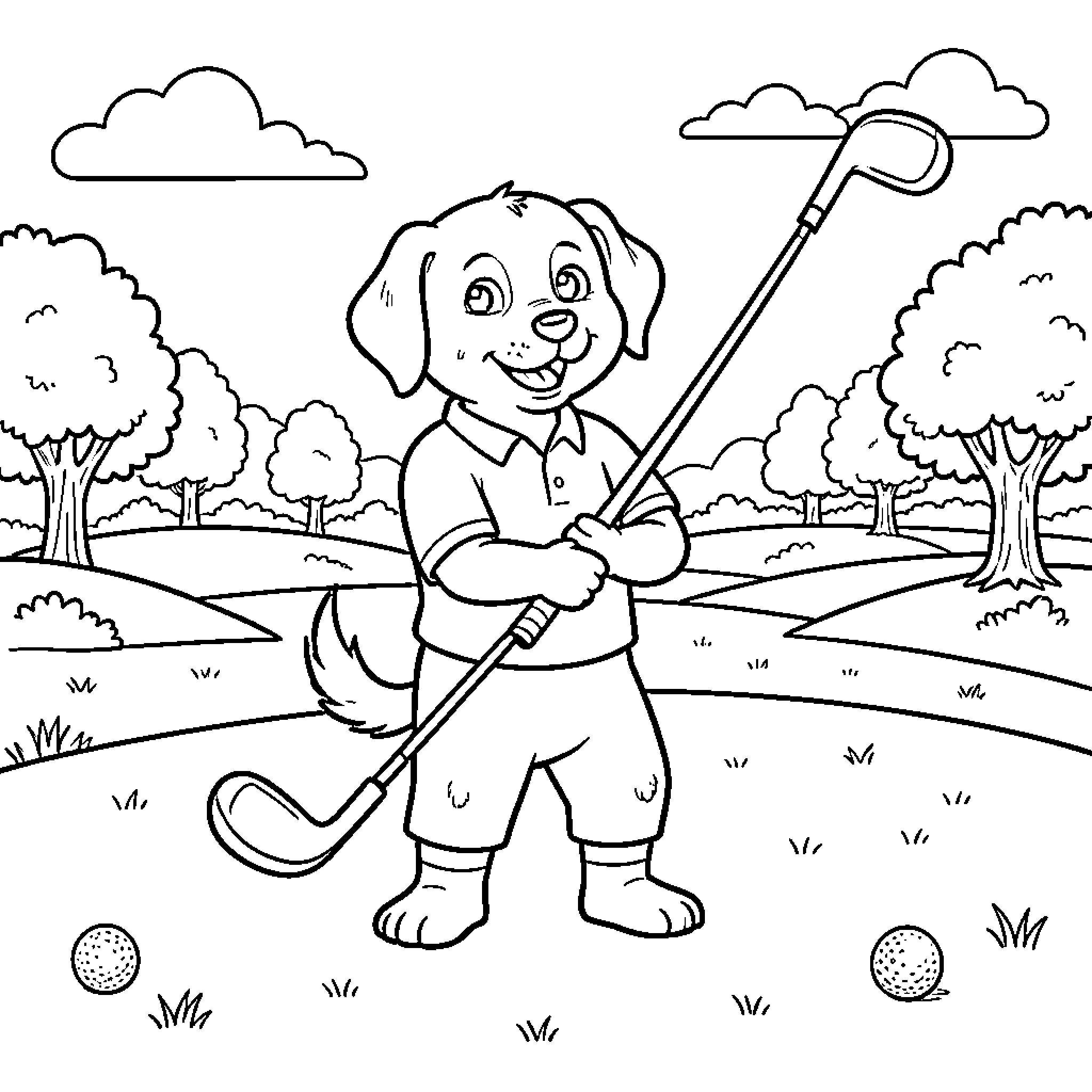 Dog playing golf in a grassy field Coloring Page (free black-and-white line drawing printable PDF for all, from beginners to advanced learners, including children, teens, adults, and seniors)