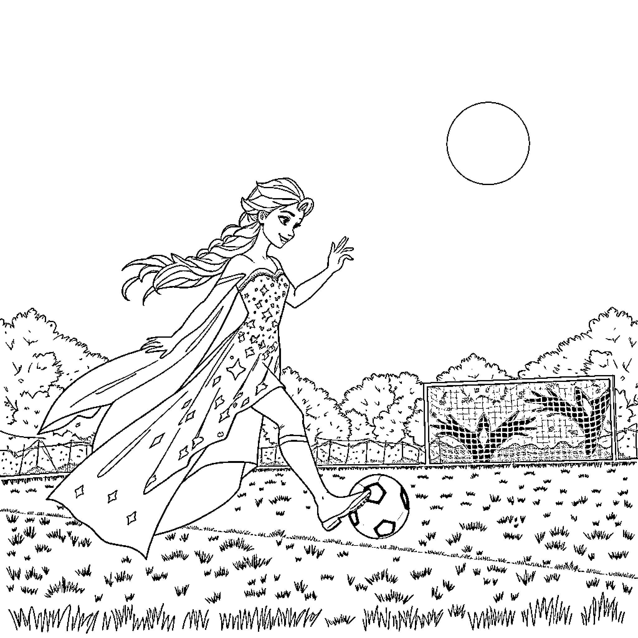 Elsa playing soccer in the enchanted forest Coloring Page (free black-and-white line drawing printable PDF for all, from beginners to advanced learners, including children, teens, adults, and seniors)