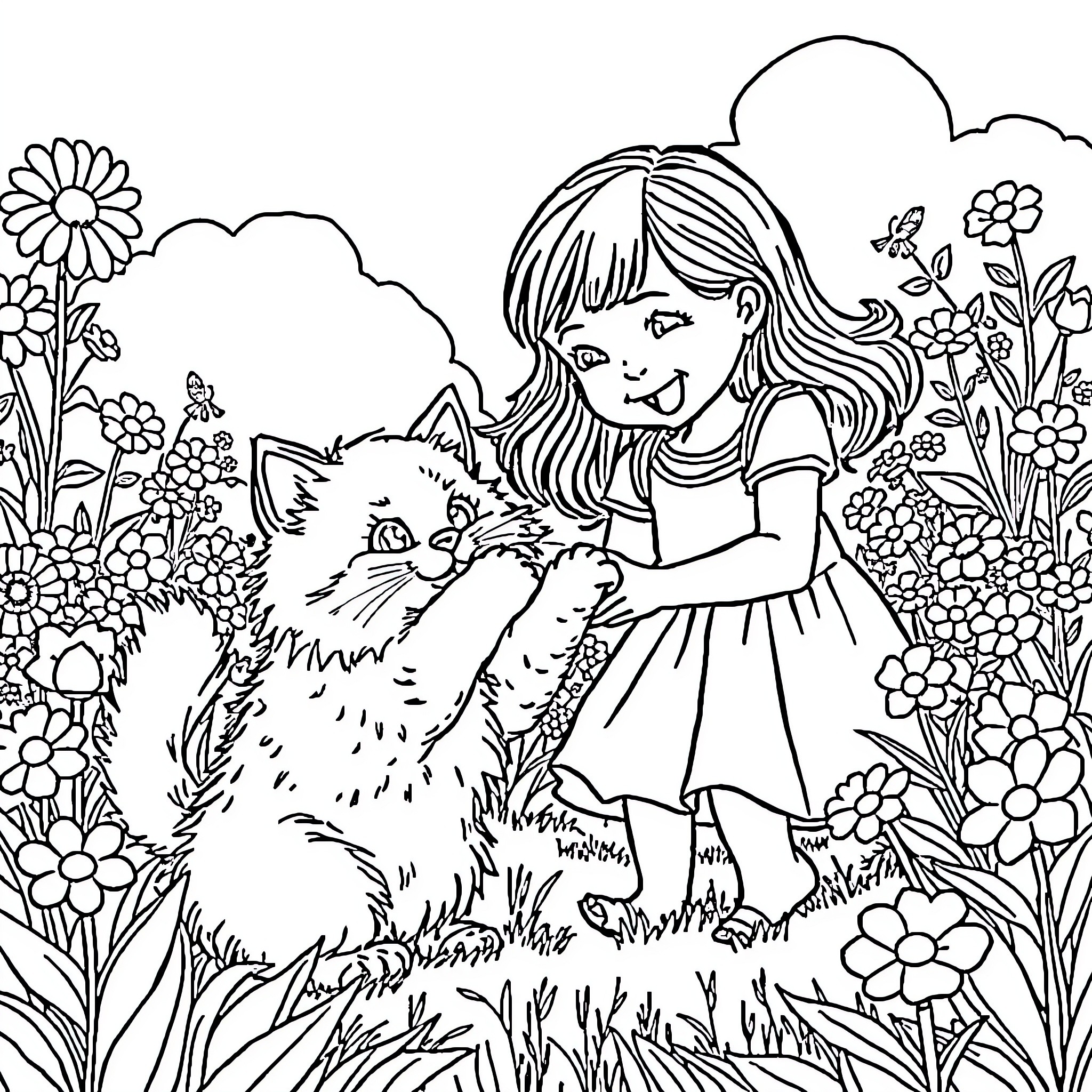 Cat playing with girl in a flower garden Coloring Page (free black-and-white line drawing printable PDF for all, from beginners to advanced learners, including children, teens, adults, and seniors)