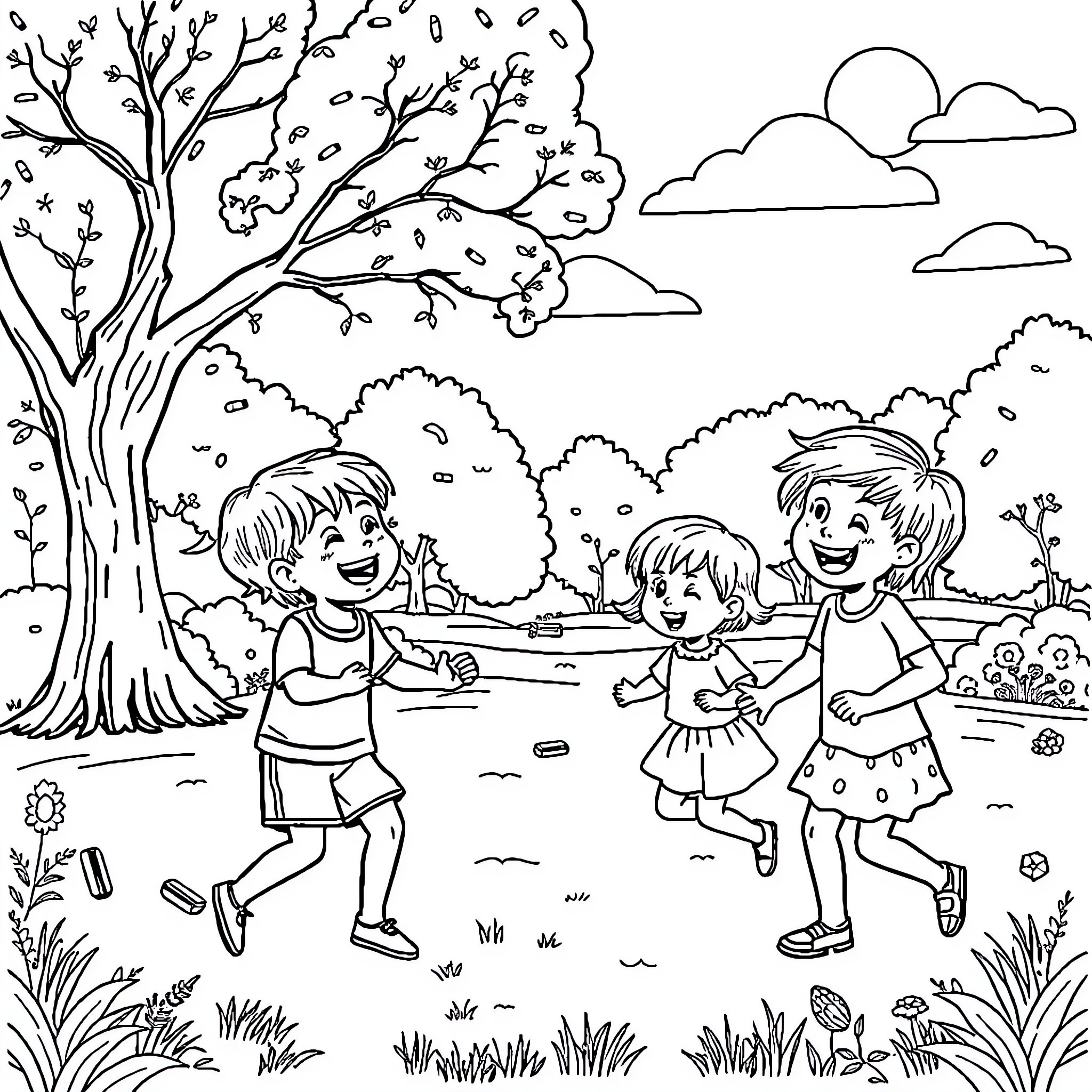 Children playing happily in the park Coloring Page (free black-and-white line drawing printable PDF for all, from beginners to advanced learners, including children, teens, adults, and seniors)