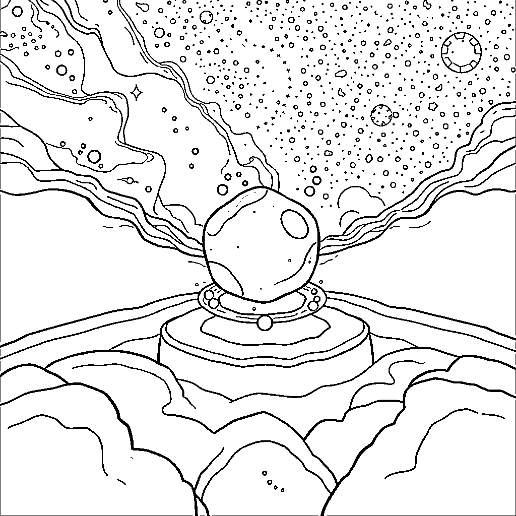 Flubber floating in cosmic landscape Coloring Page (free black-and-white line drawing printable PDF for all, from beginners to advanced learners, including children, teens, adults, and seniors)