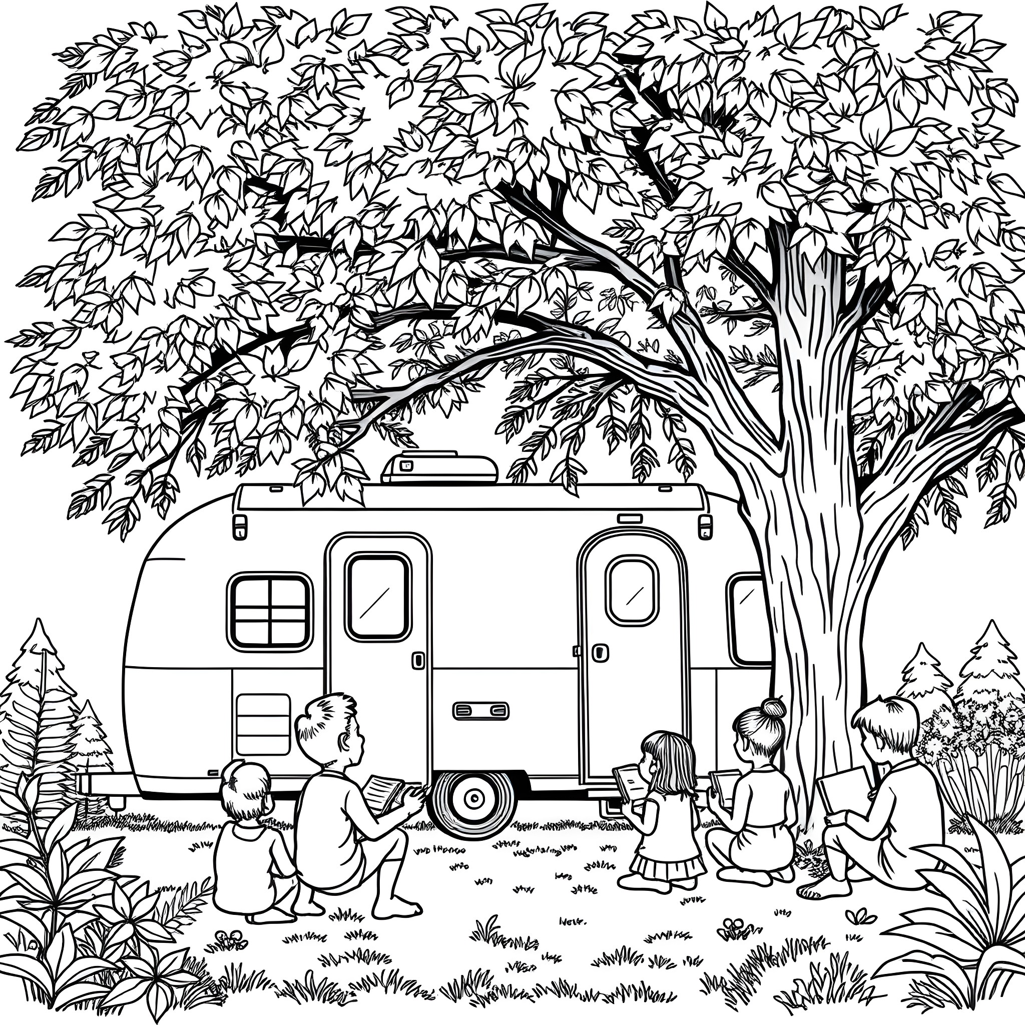 Airstream adventure under the leafy canopy Coloring Page (free black-and-white line drawing printable PDF for all, from beginners to advanced learners, including children, teens, adults, and seniors)