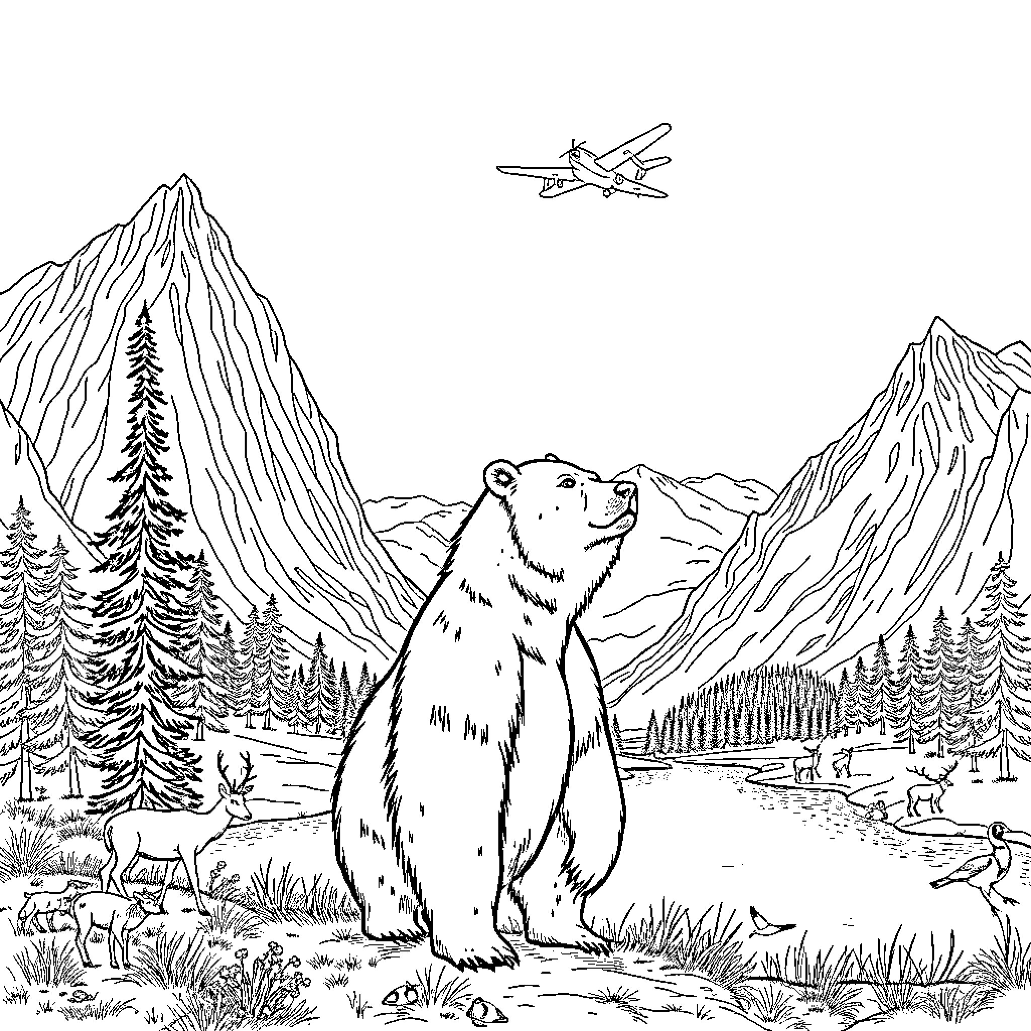 Bear observing scenic mountainous landscape Coloring Page (free black-and-white line drawing printable PDF for all, from beginners to advanced learners, including children, teens, adults, and seniors)