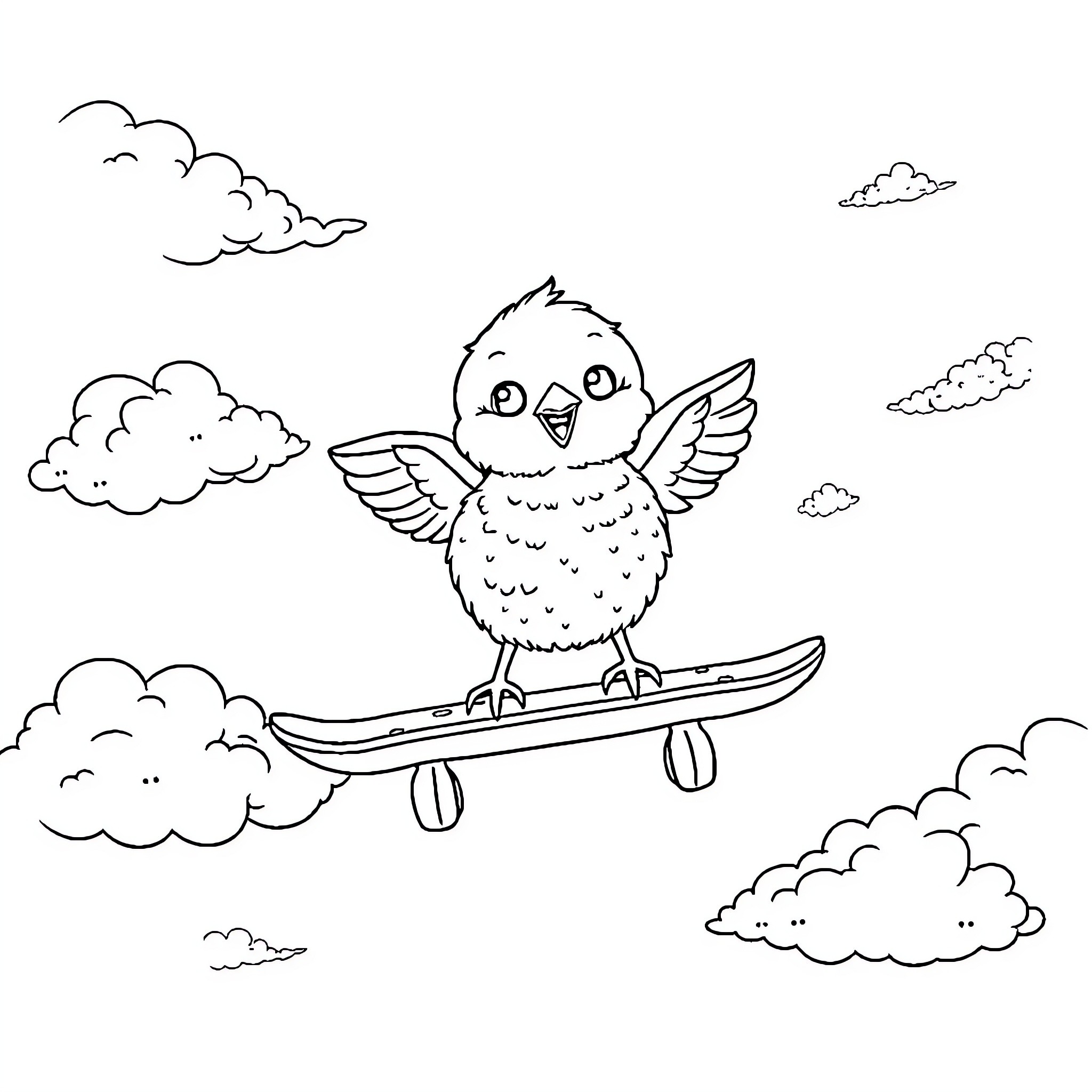 Owl riding skateboard through the clouds Coloring Page (free black-and-white line drawing printable PDF for all, from beginners to advanced learners, including children, teens, adults, and seniors)