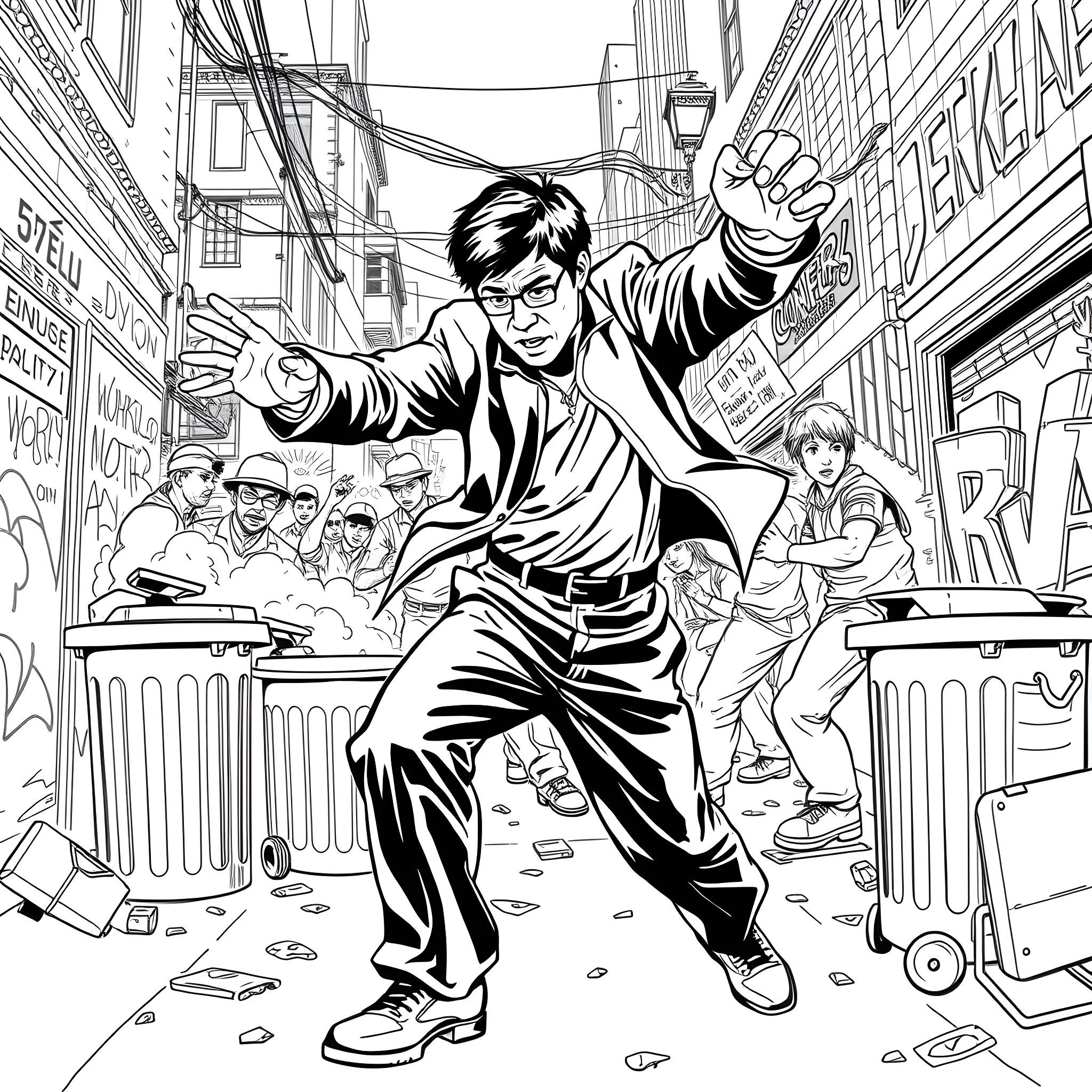 Jackie Chan showcases his martial arts prowess in an urban setting Coloring Page (free black-and-white line drawing printable PDF for all, from beginners to advanced learners, including children, teens, adults, and seniors)