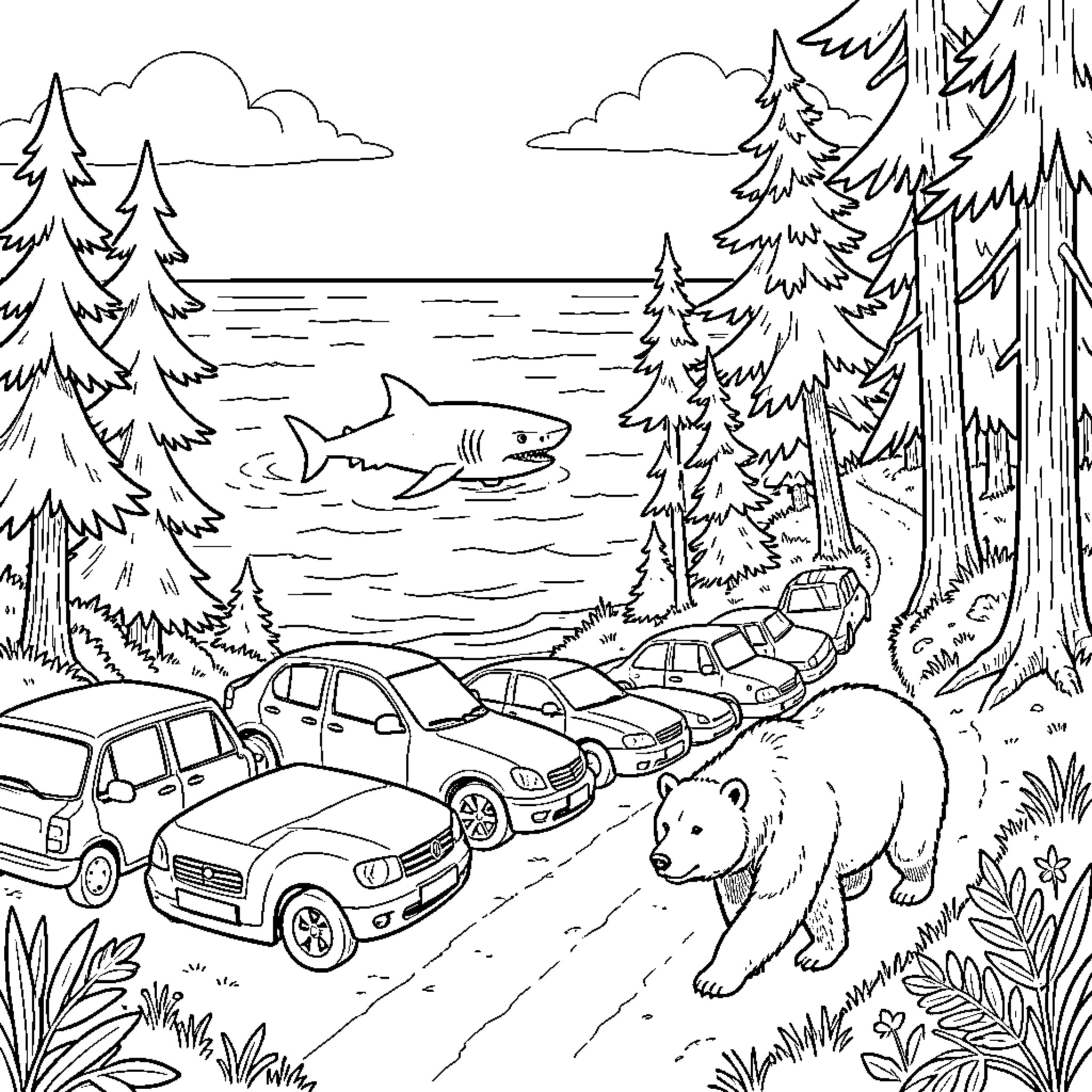 Car Shark Bear in a forest near the ocean Coloring Page (free black-and-white line drawing printable PDF for all, from beginners to advanced learners, including children, teens, adults, and seniors)
