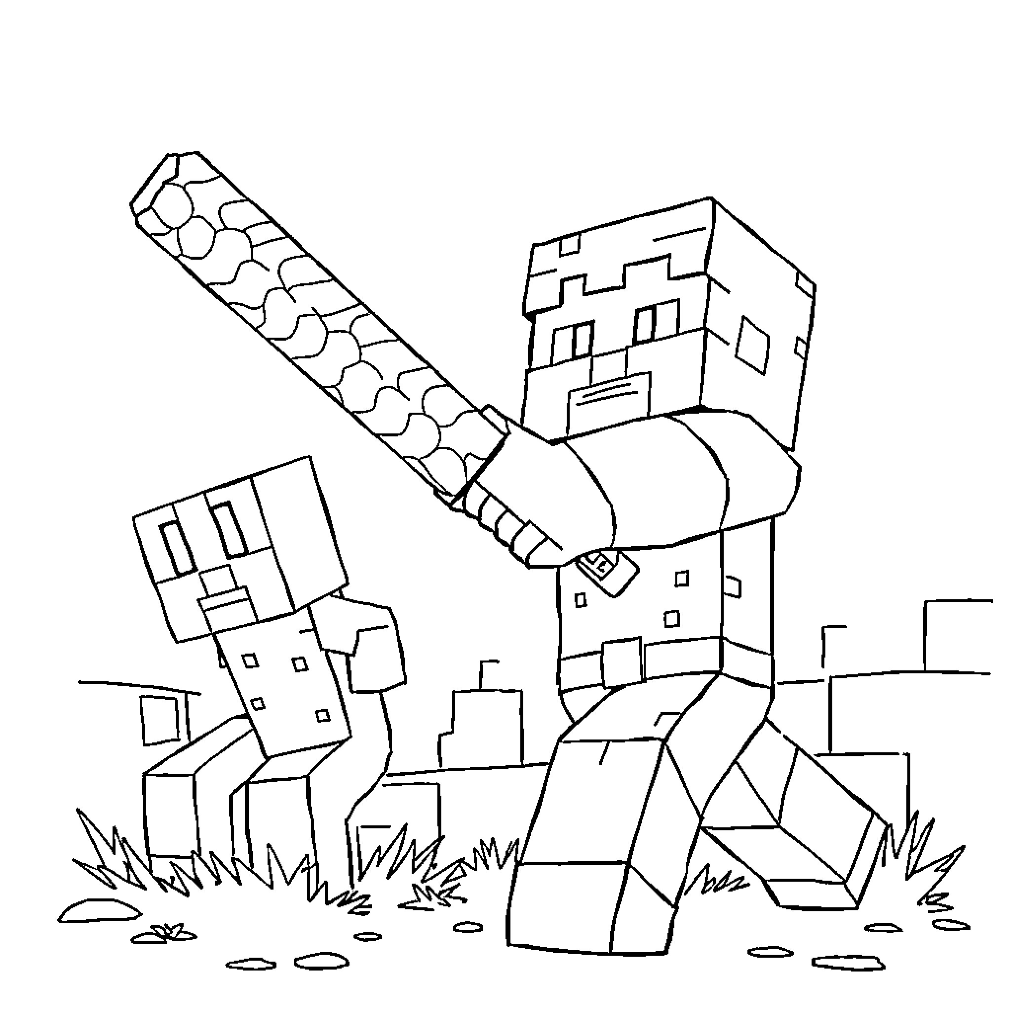 Steve battles monsters in a Minecraft-inspired landscape Coloring Page (free black-and-white line drawing printable PDF for all, from beginners to advanced learners, including children, teens, adults, and seniors)