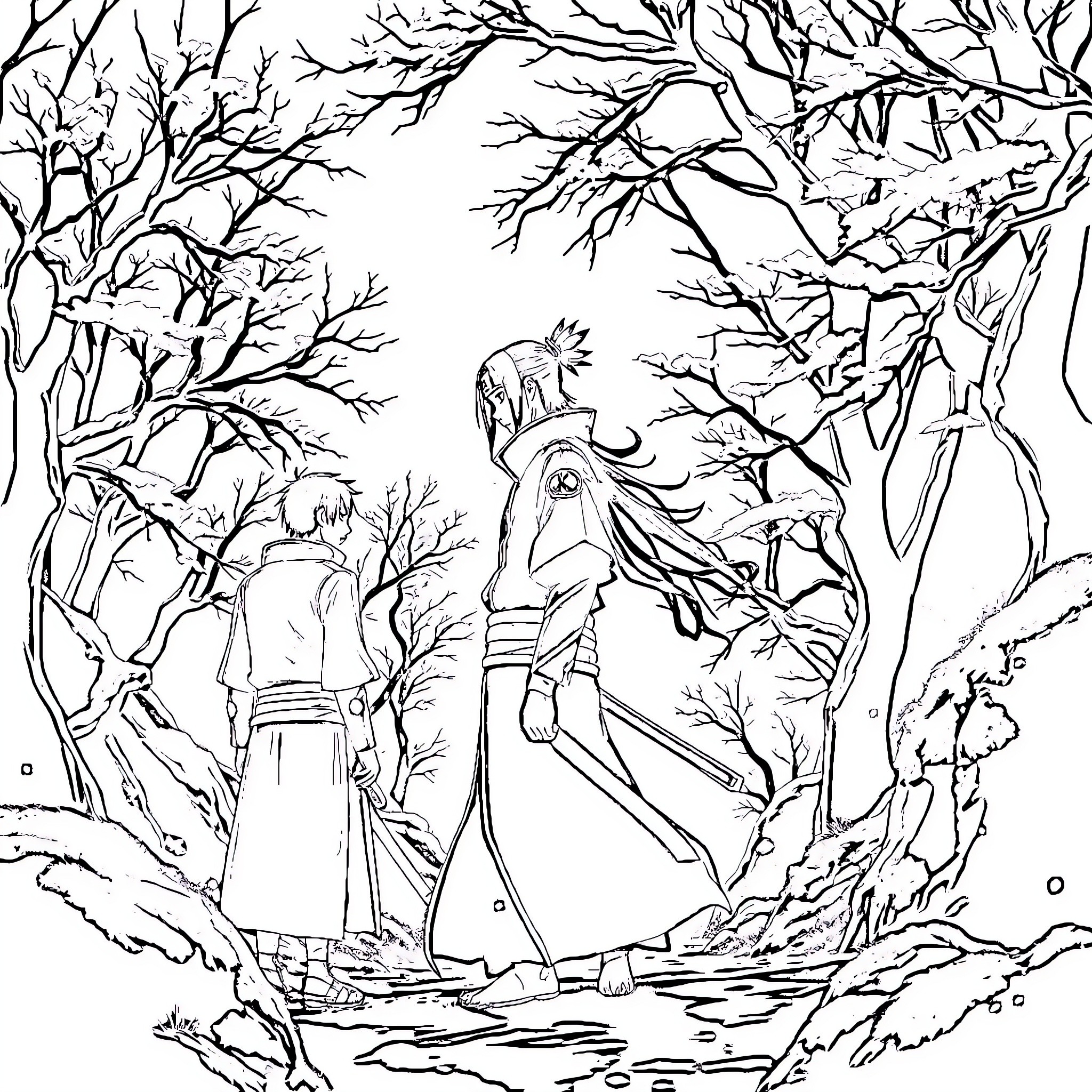 Itachi's Solitary Journey through the Wintry Forest Coloring Page (free black-and-white line drawing printable PDF for all, from beginners to advanced learners, including children, teens, adults, and seniors)