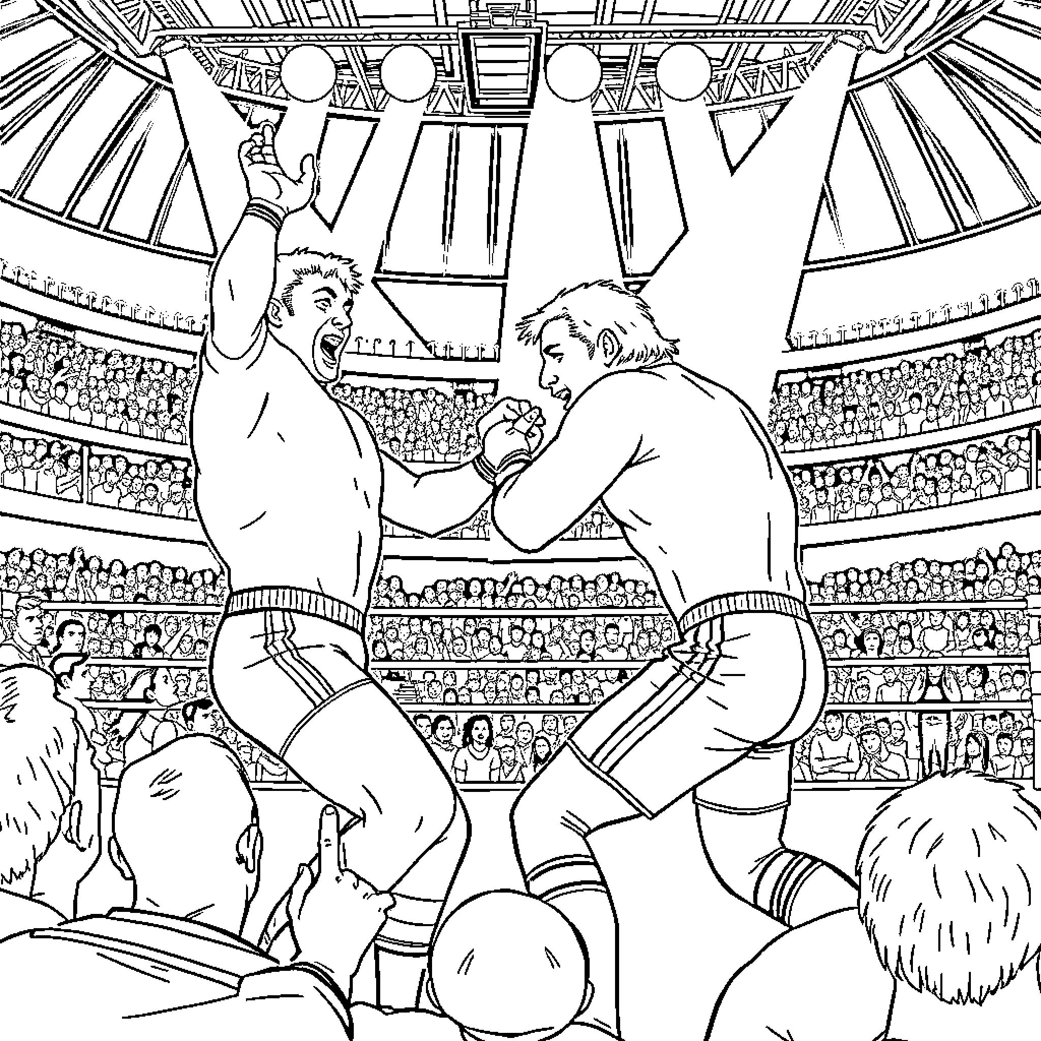 Bret Hart in an intense wrestling match Coloring Page (free black-and-white line drawing printable PDF for all, from beginners to advanced learners, including children, teens, adults, and seniors)