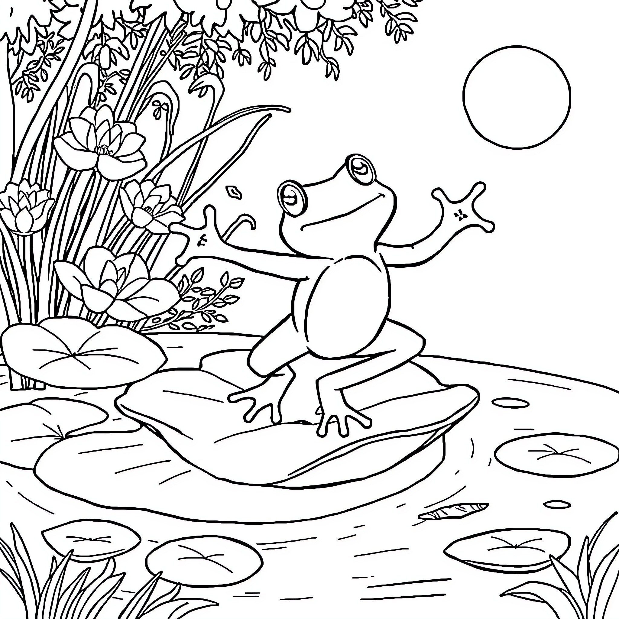 Frog sitting on lily pad in nature Coloring Page (free black-and-white line drawing printable PDF for all, from beginners to advanced learners, including children, teens, adults, and seniors)
