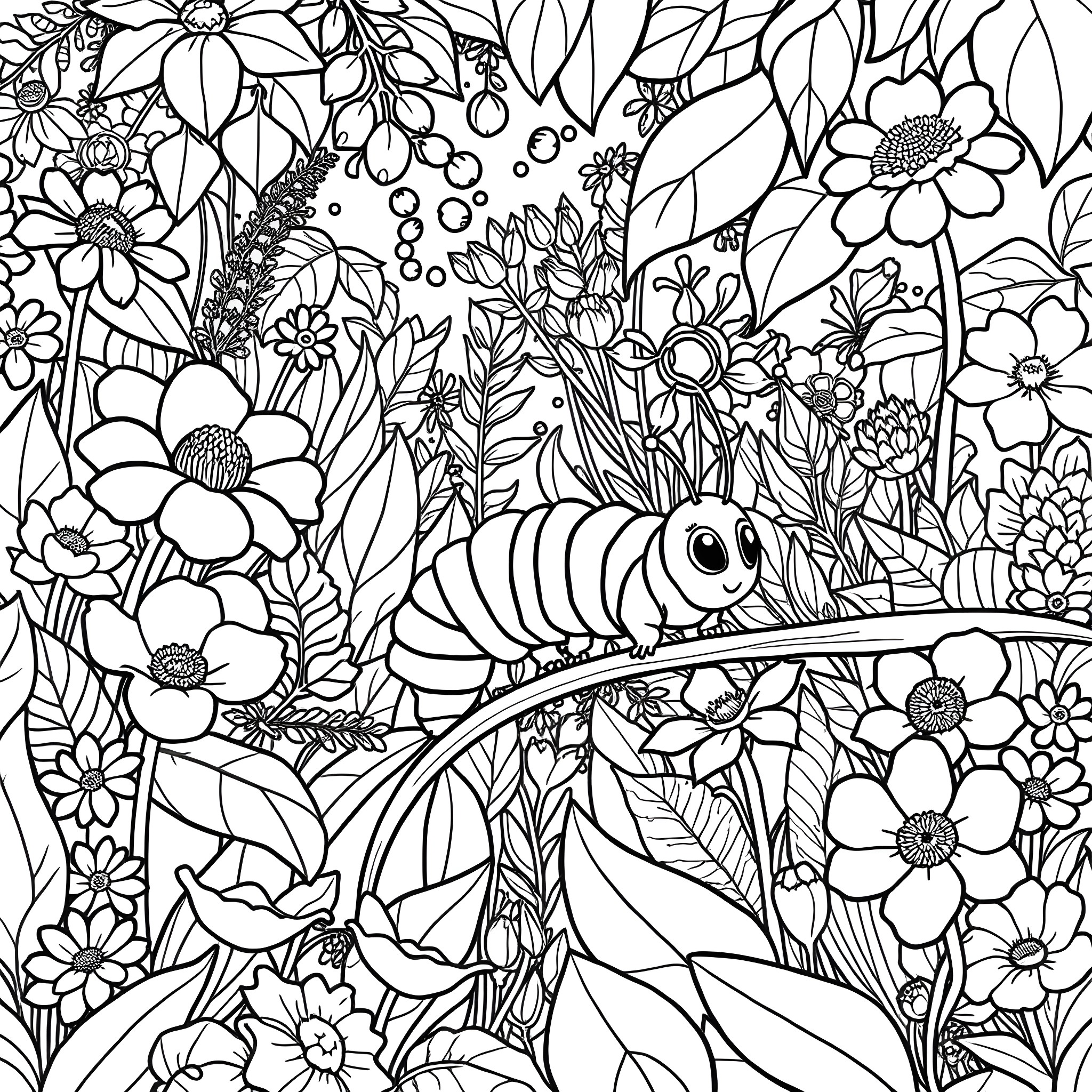 Caterpillar exploring a vibrant floral garden Coloring Page (free black-and-white line drawing printable PDF for all, from beginners to advanced learners, including children, teens, adults, and seniors)