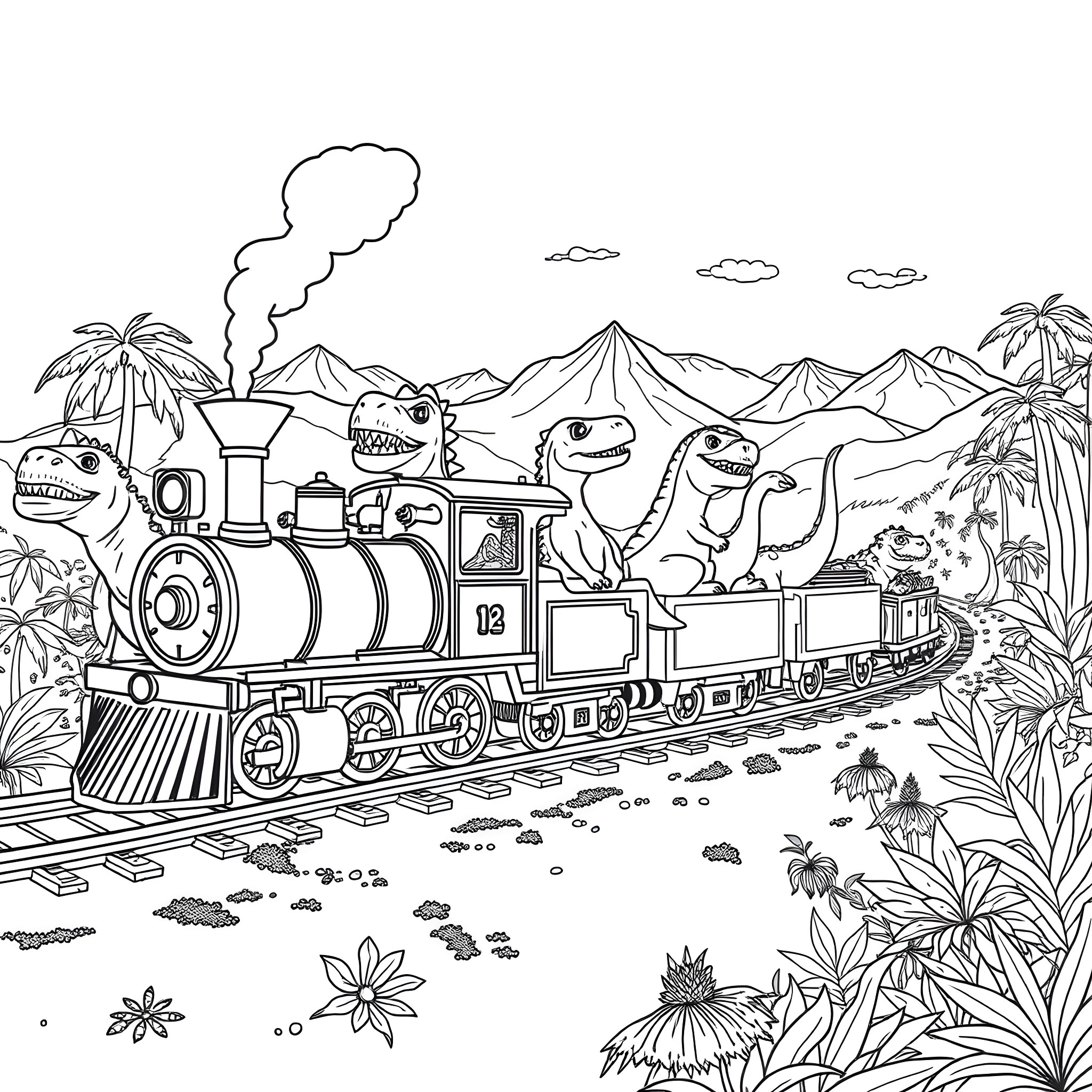 Dinosaurs riding a train through a jungle landscape Coloring Page (free black-and-white line drawing printable PDF for all, from beginners to advanced learners, including children, teens, adults, and seniors)