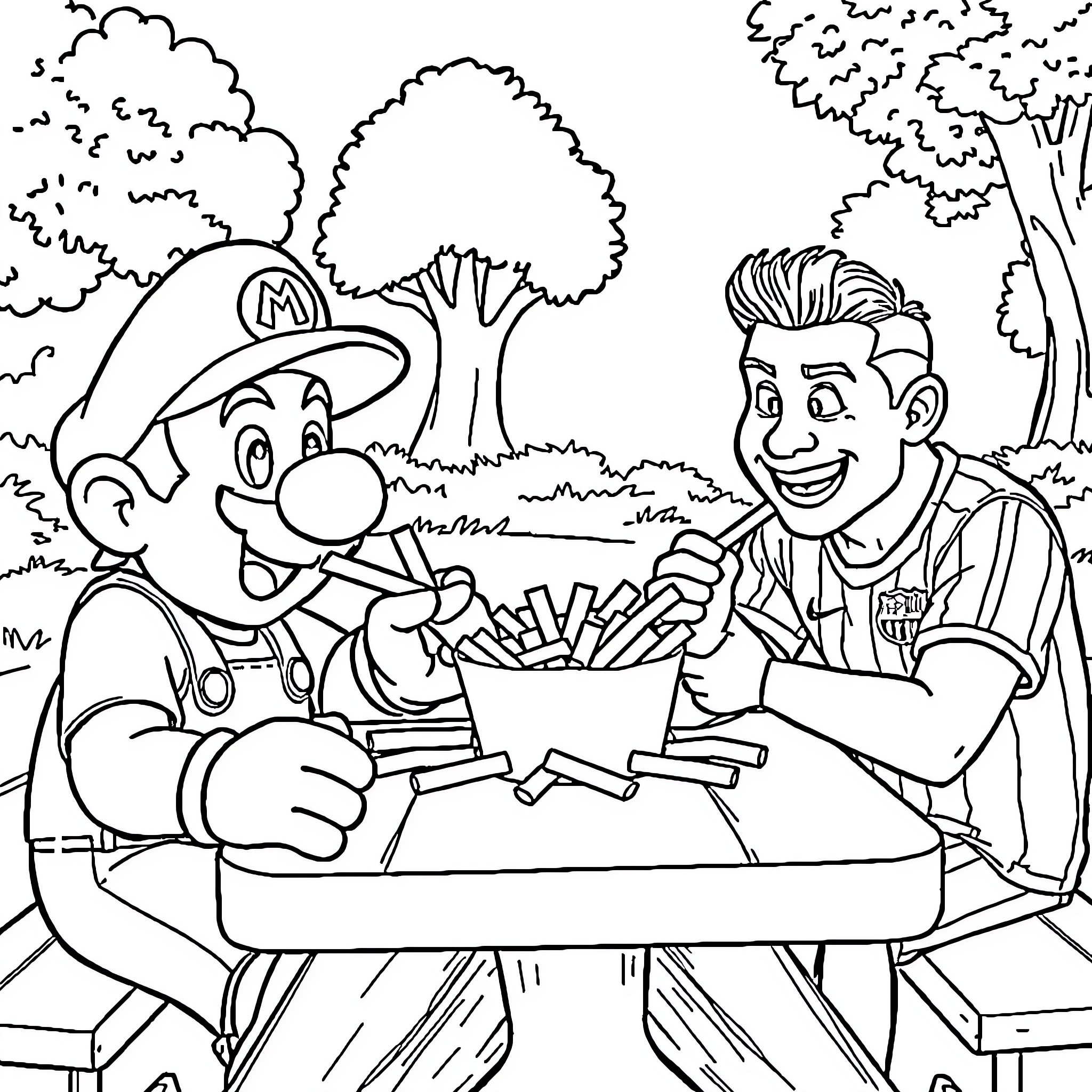Mario and friend enjoying a picnic in the park Coloring Page (free black-and-white line drawing printable PDF for all, from beginners to advanced learners, including children, teens, adults, and seniors)
