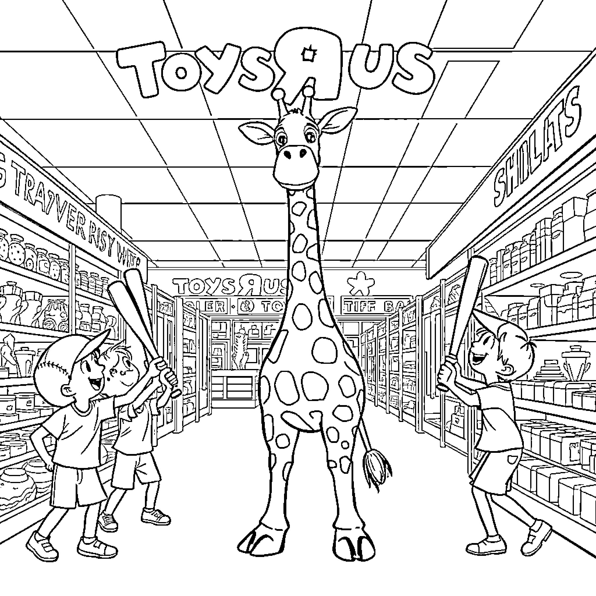 Giraffe in a toy store exploring the aisles Coloring Page (free black-and-white line drawing printable PDF for all, from beginners to advanced learners, including children, teens, adults, and seniors)