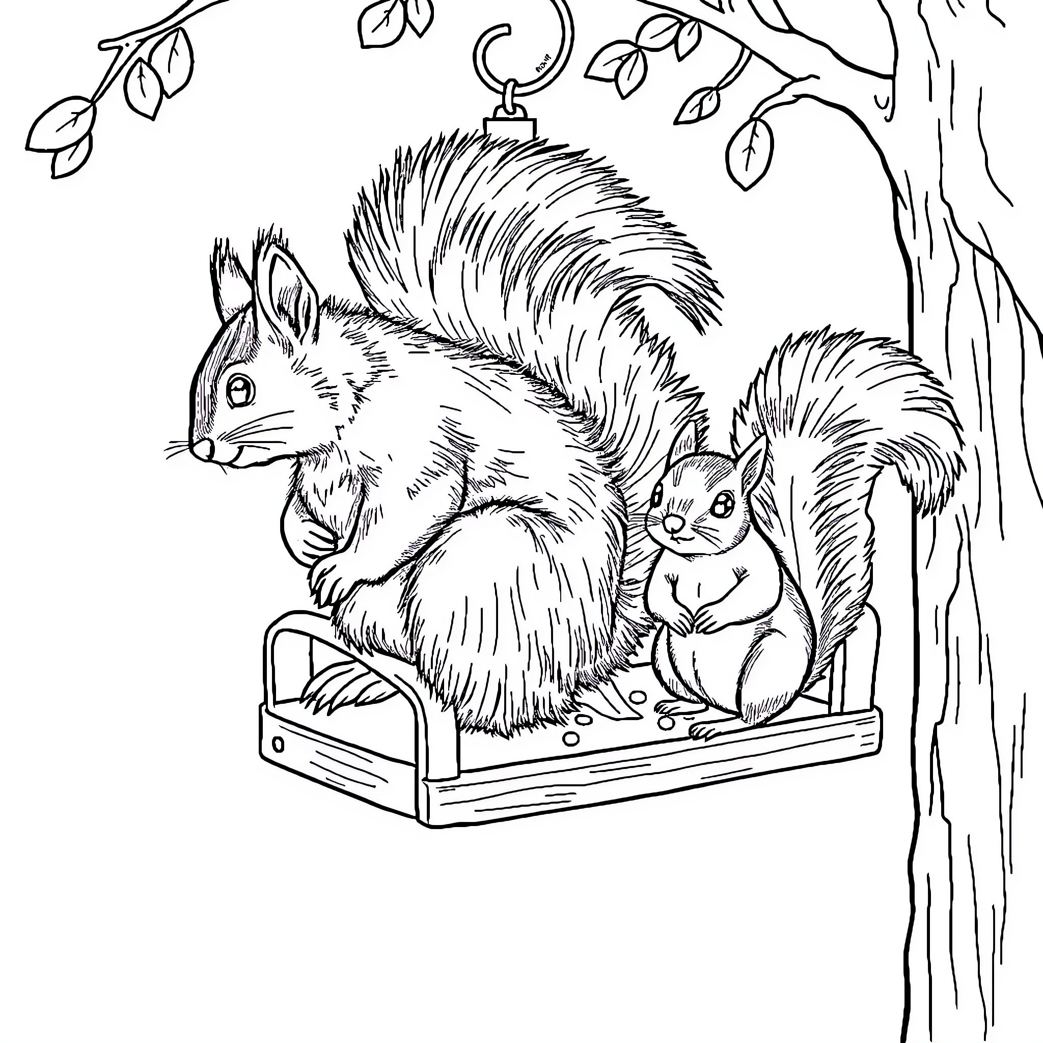 Squirrels relaxing on a swing under a tree Coloring Page (free black-and-white line drawing printable PDF for all, from beginners to advanced learners, including children, teens, adults, and seniors)